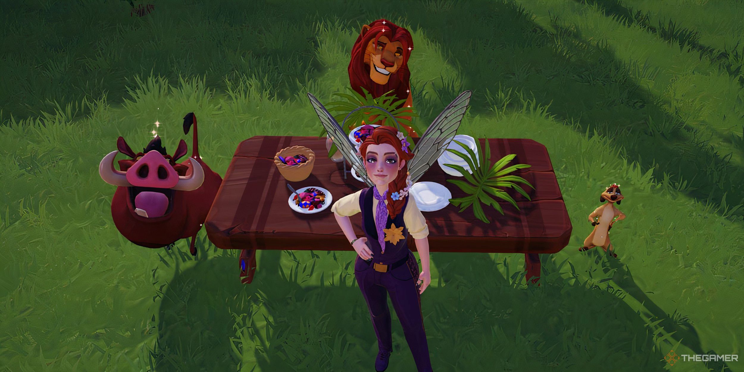 The Avatar in front of the Neutralized Night Mite Buffet with Simba, Pumbaa, and Timon.