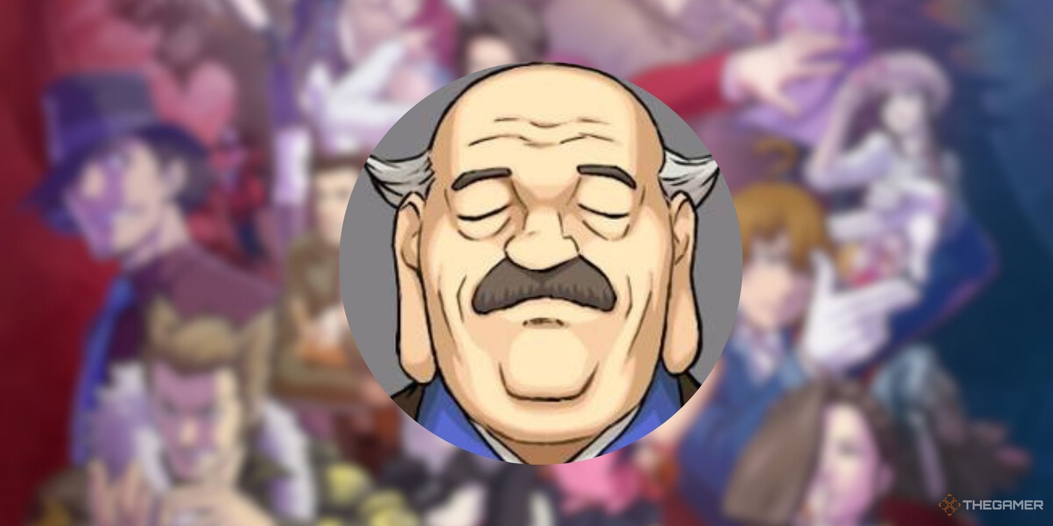 Ernest Amano in front of a blurred background of Ace Attorney Investigations Miles Edgeworth.