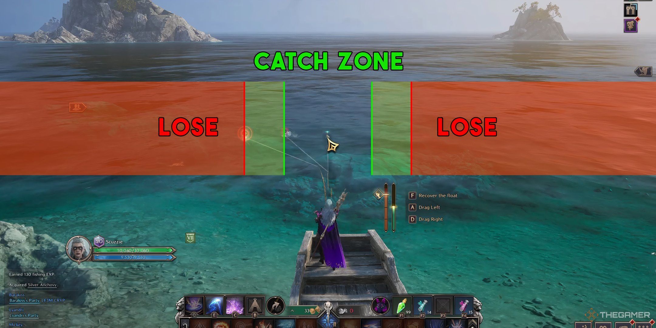 a player with a pruple cloack wielding a fishing rod casting into the ocean. areas in the center are labelled catch zone and areas on the outskirts labelled lose.