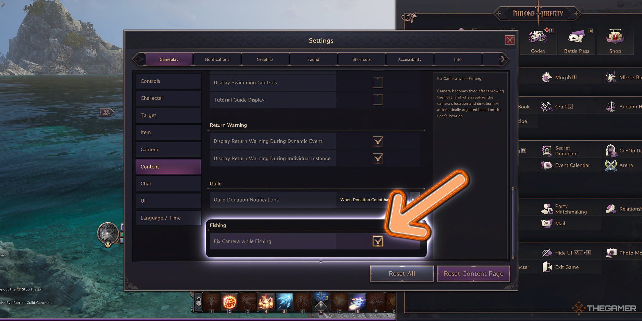 a highlight for turning off the fix camera while fishing setting in the throne and liberty settings menu.