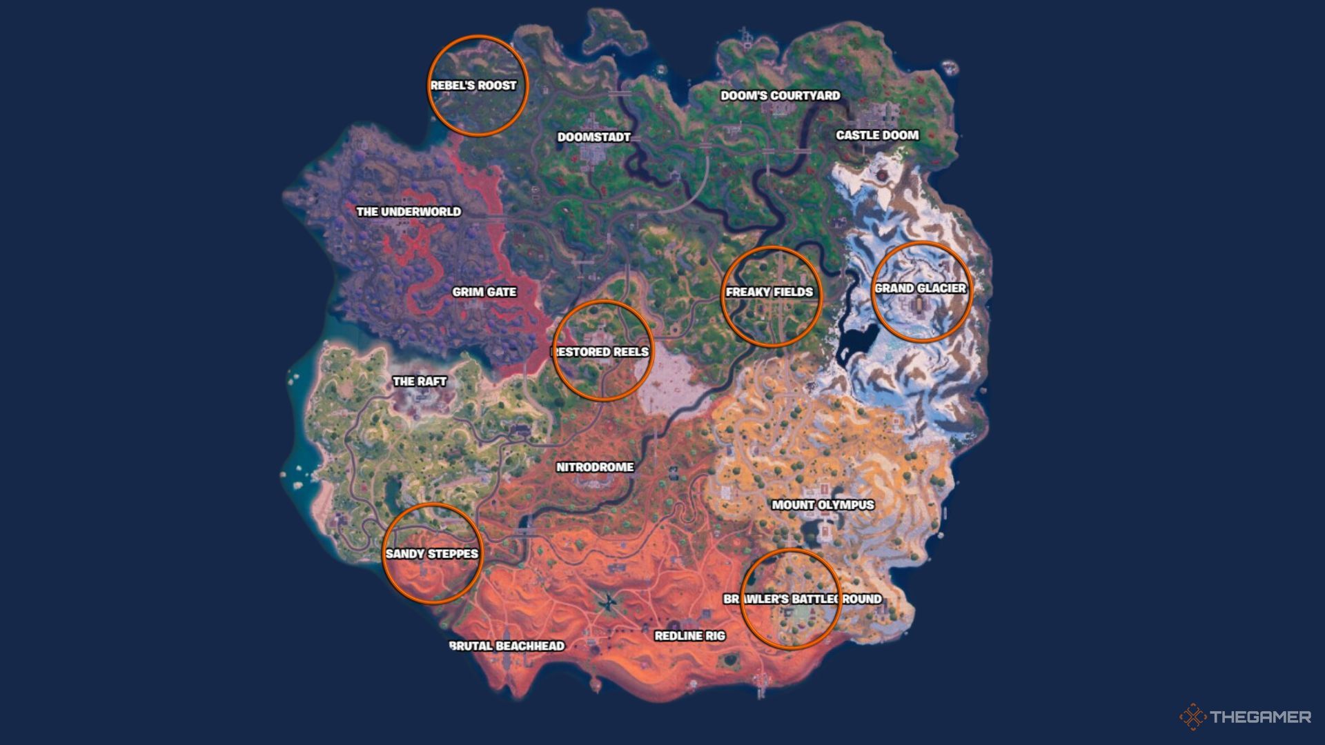 A photo of a Fortnite map with circles over locations.