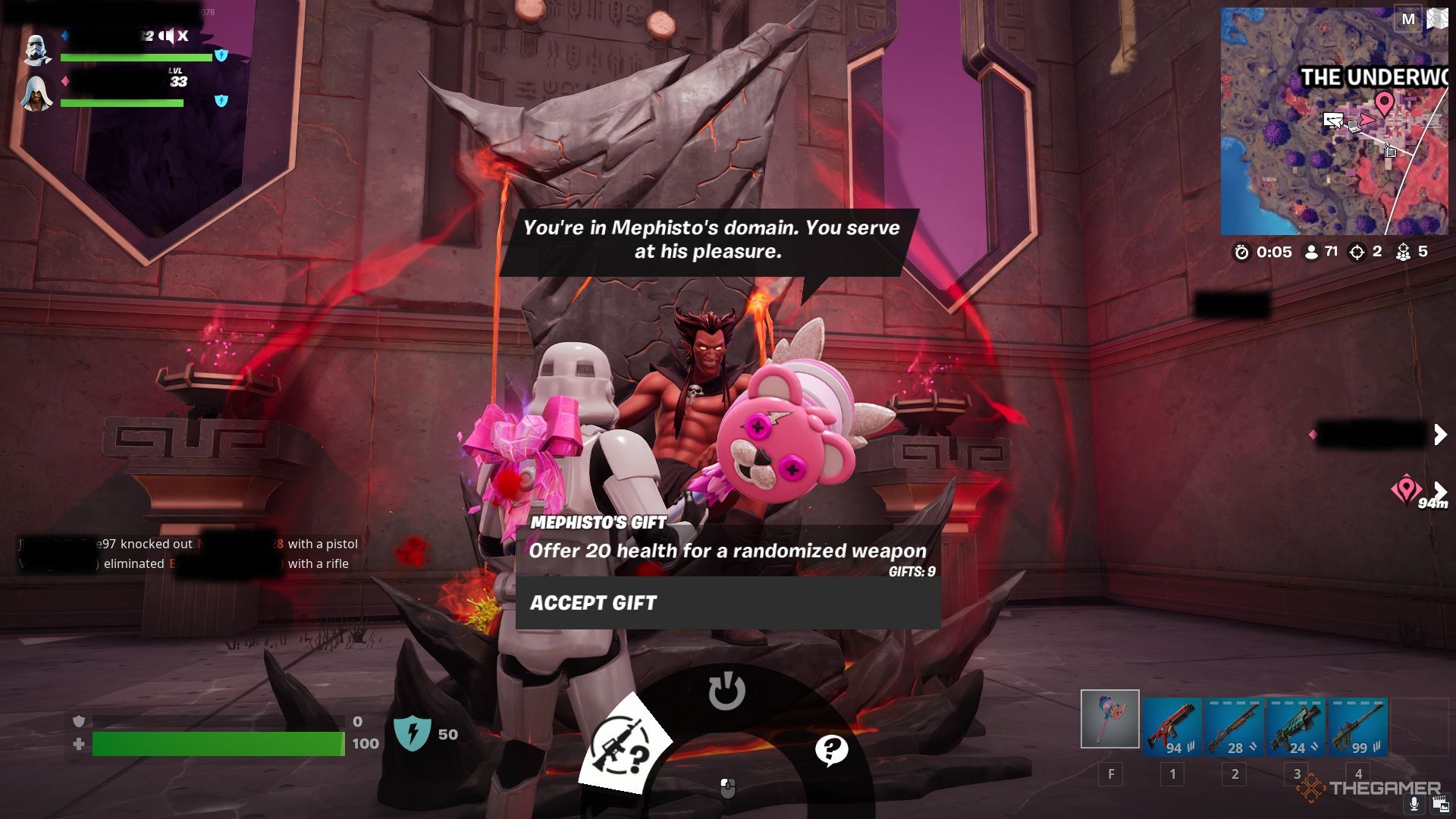 A screenshot of a Fortnite player looking at Mephisto in Fortnite.