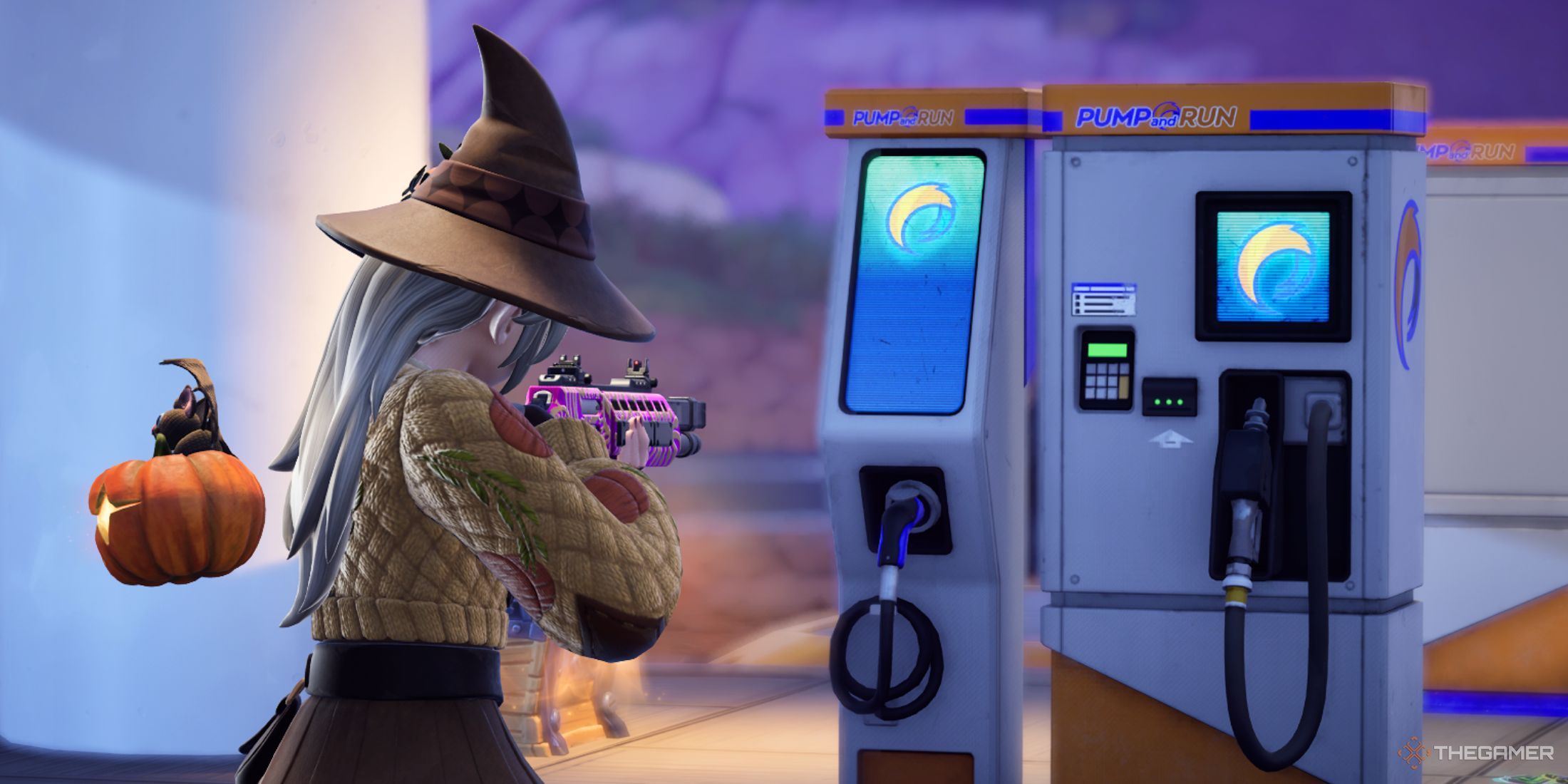A photo of a Fortnite player aiming a shotgun at fuel pumps.