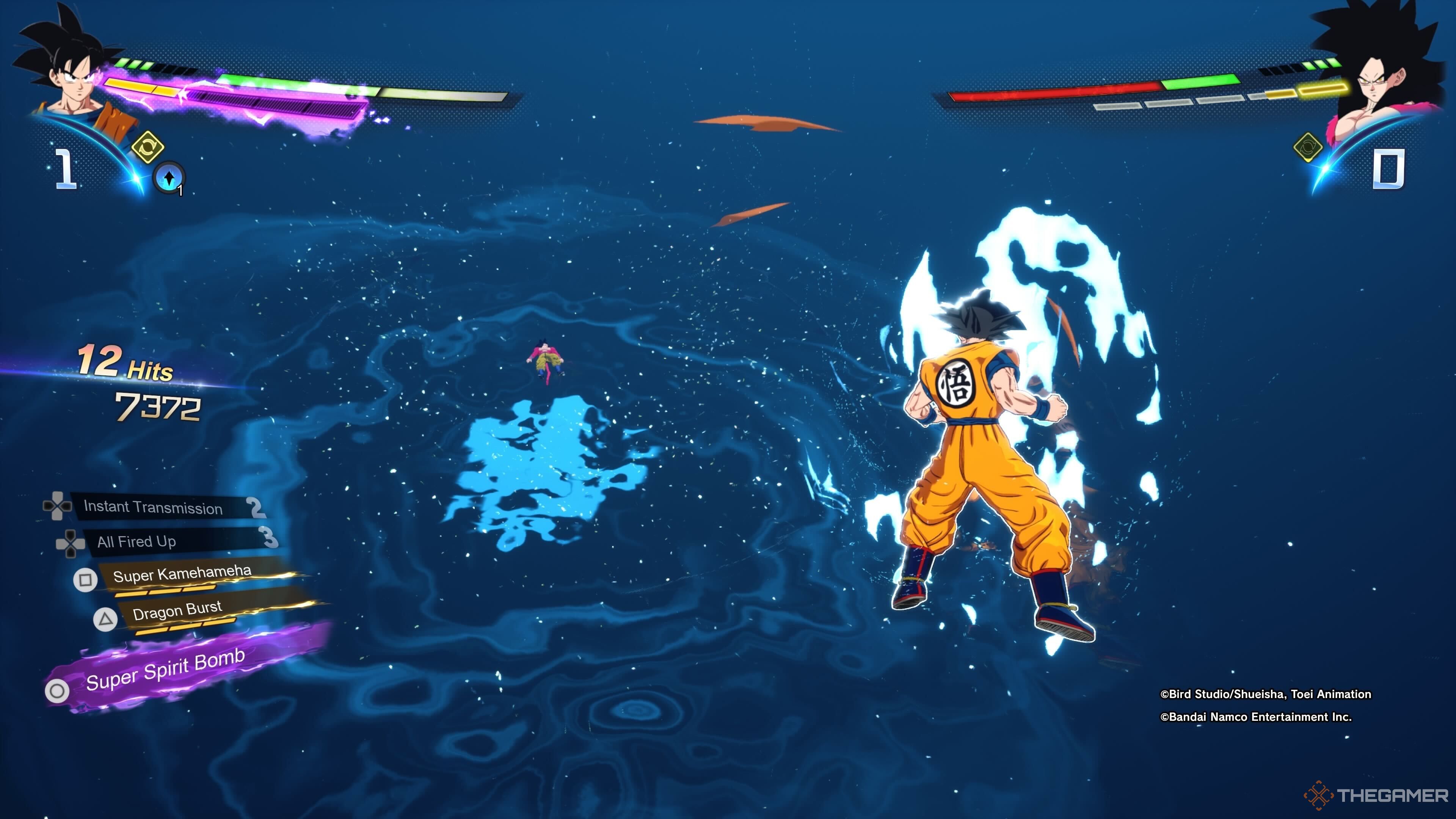 Goku aiming at Super Saiyan 4 Goku in Dragon Ball: Sparking Zero.
