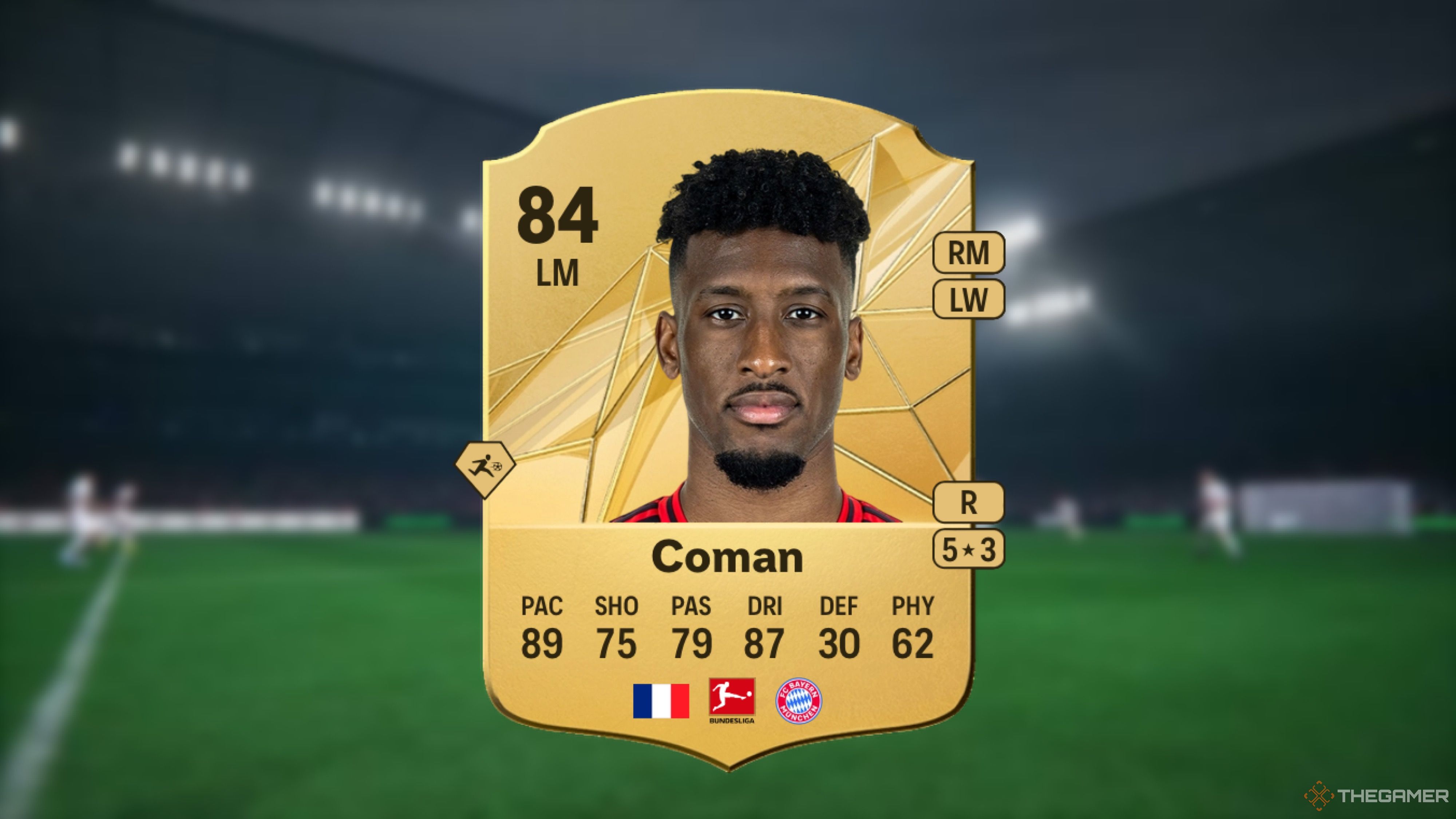 Image showing Coman card against a faded stadium background. 