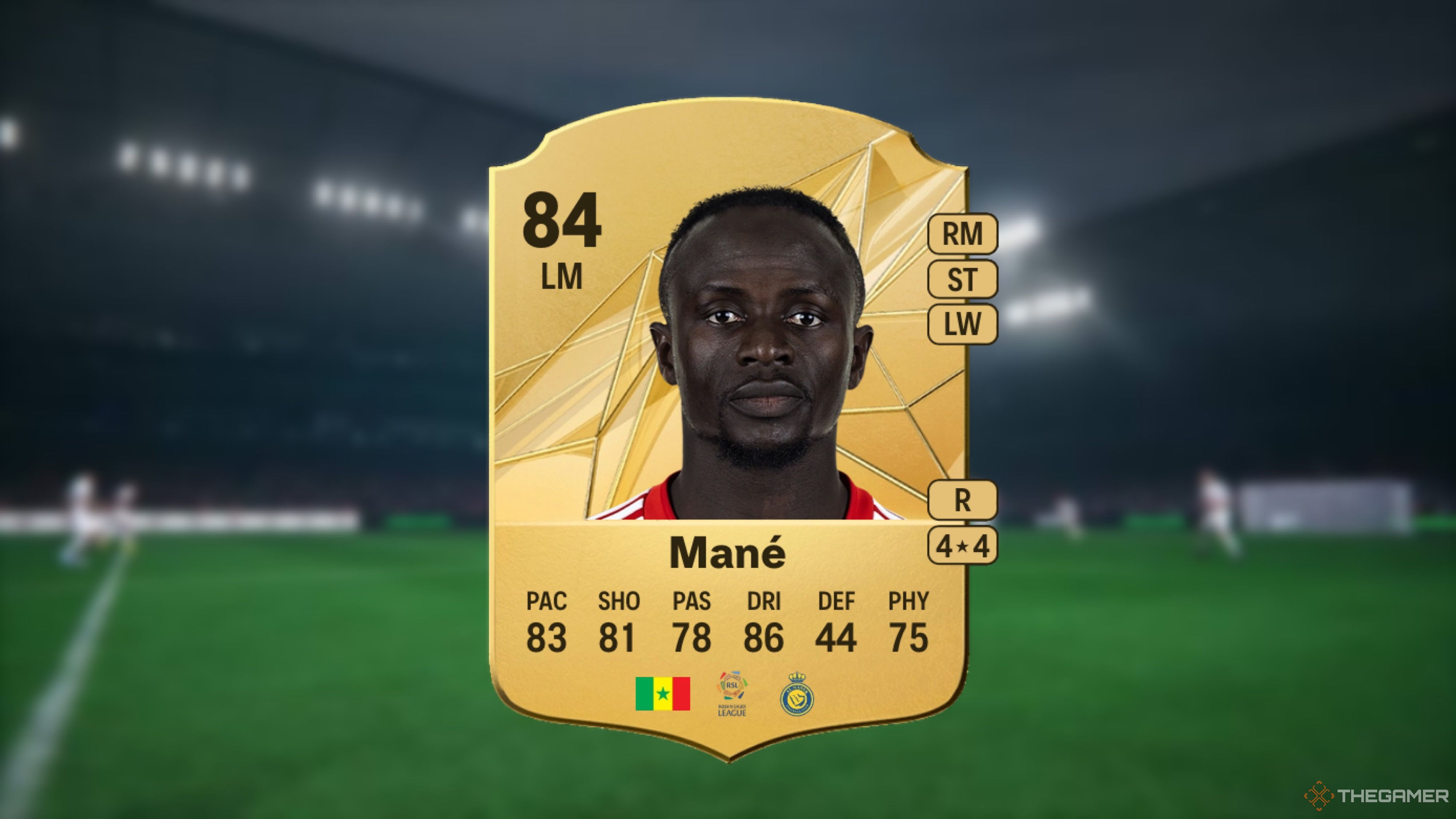 Image showing Mané card against a faded stadium background. 