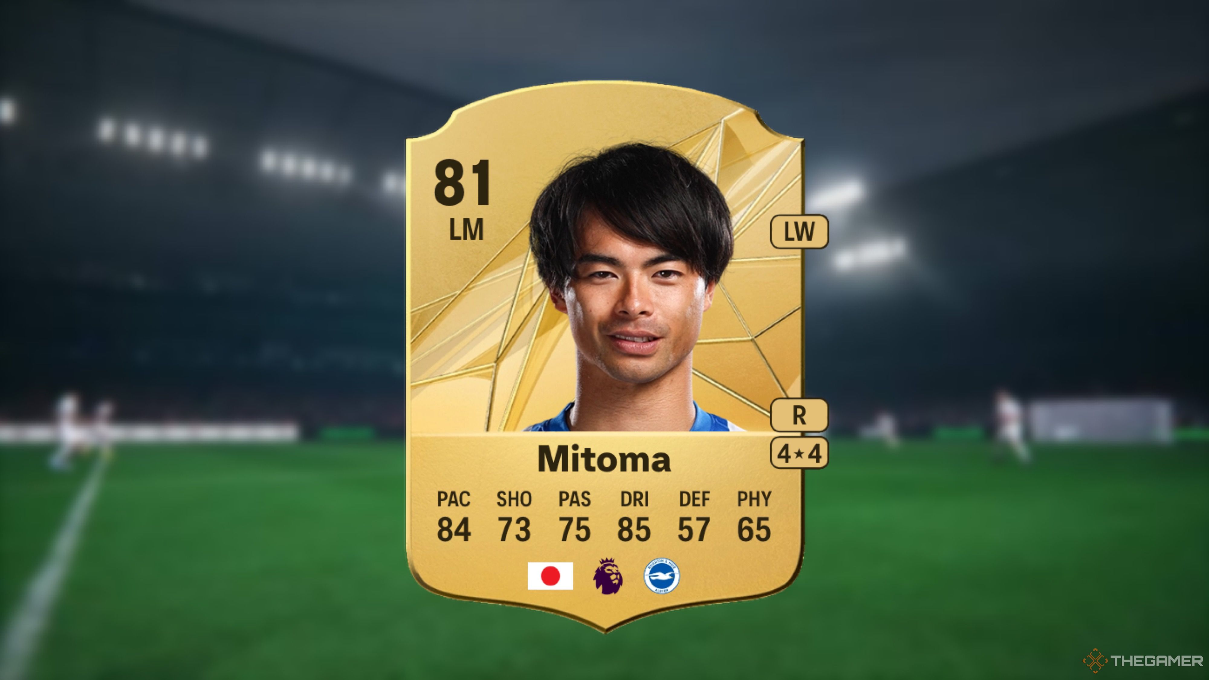 Image showing Mitoma card against a faded stadium background. 