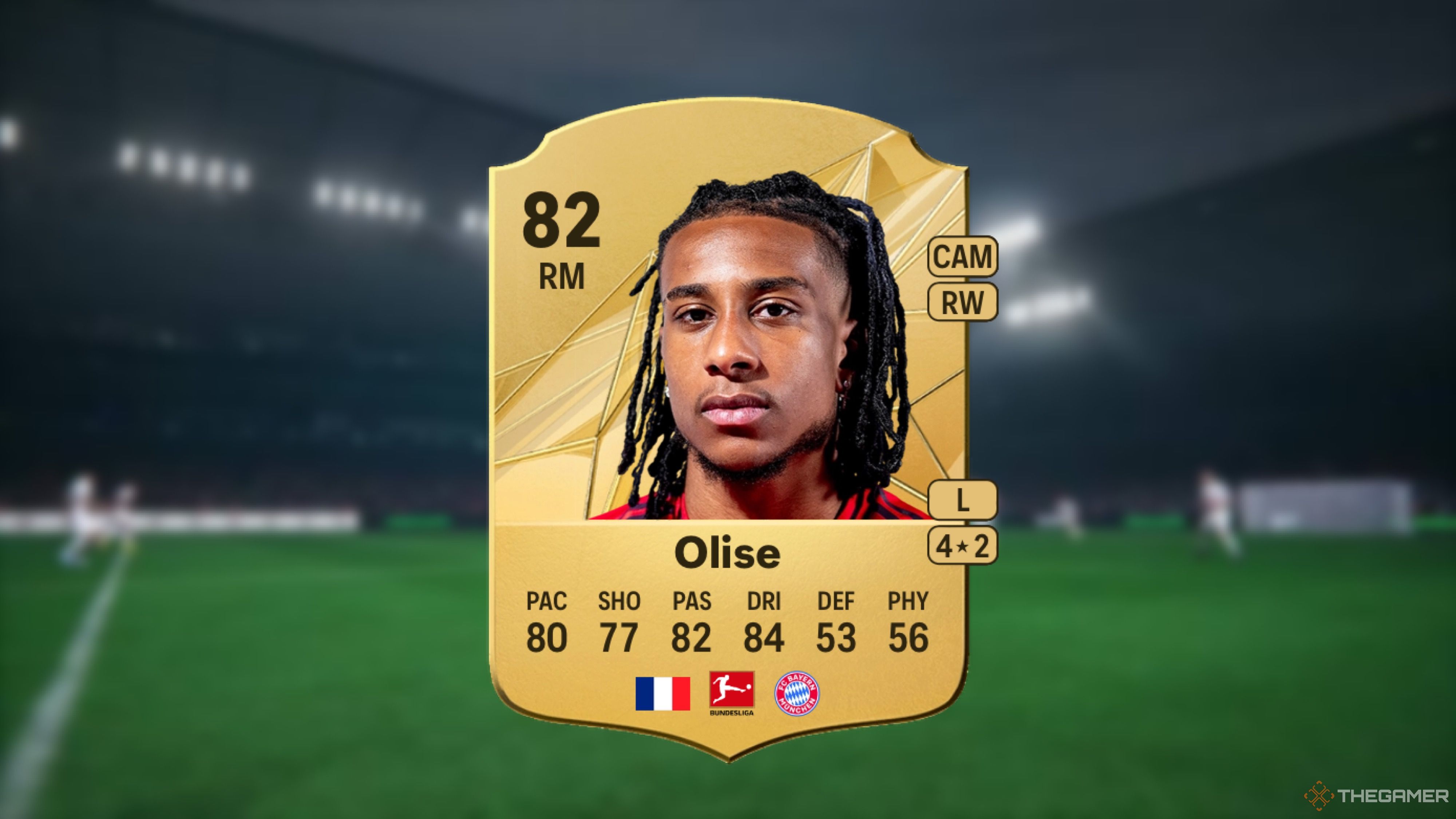 Image showing Olise card against a faded stadium background. 