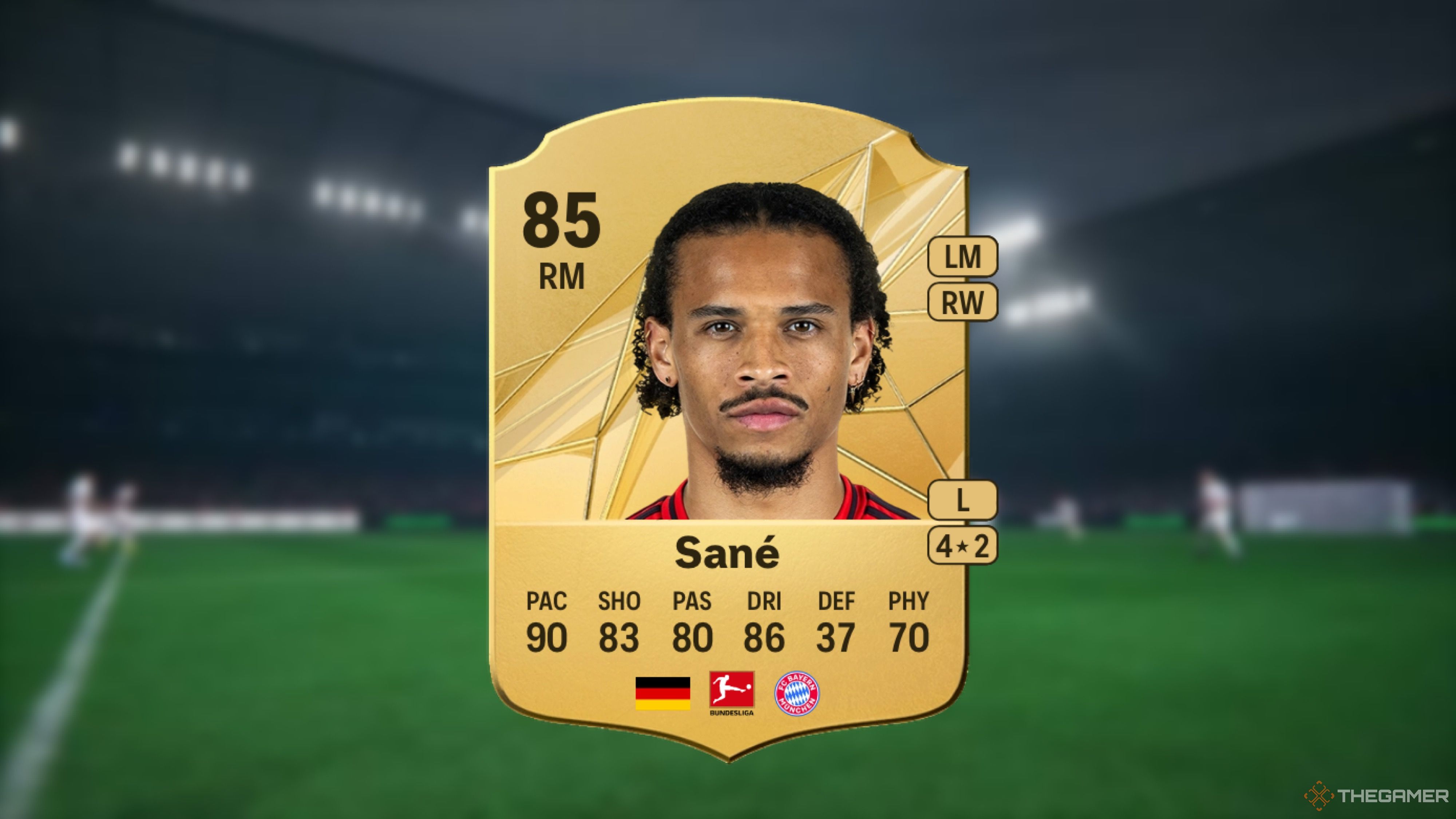 Image showing Sané card against a faded stadium background. 