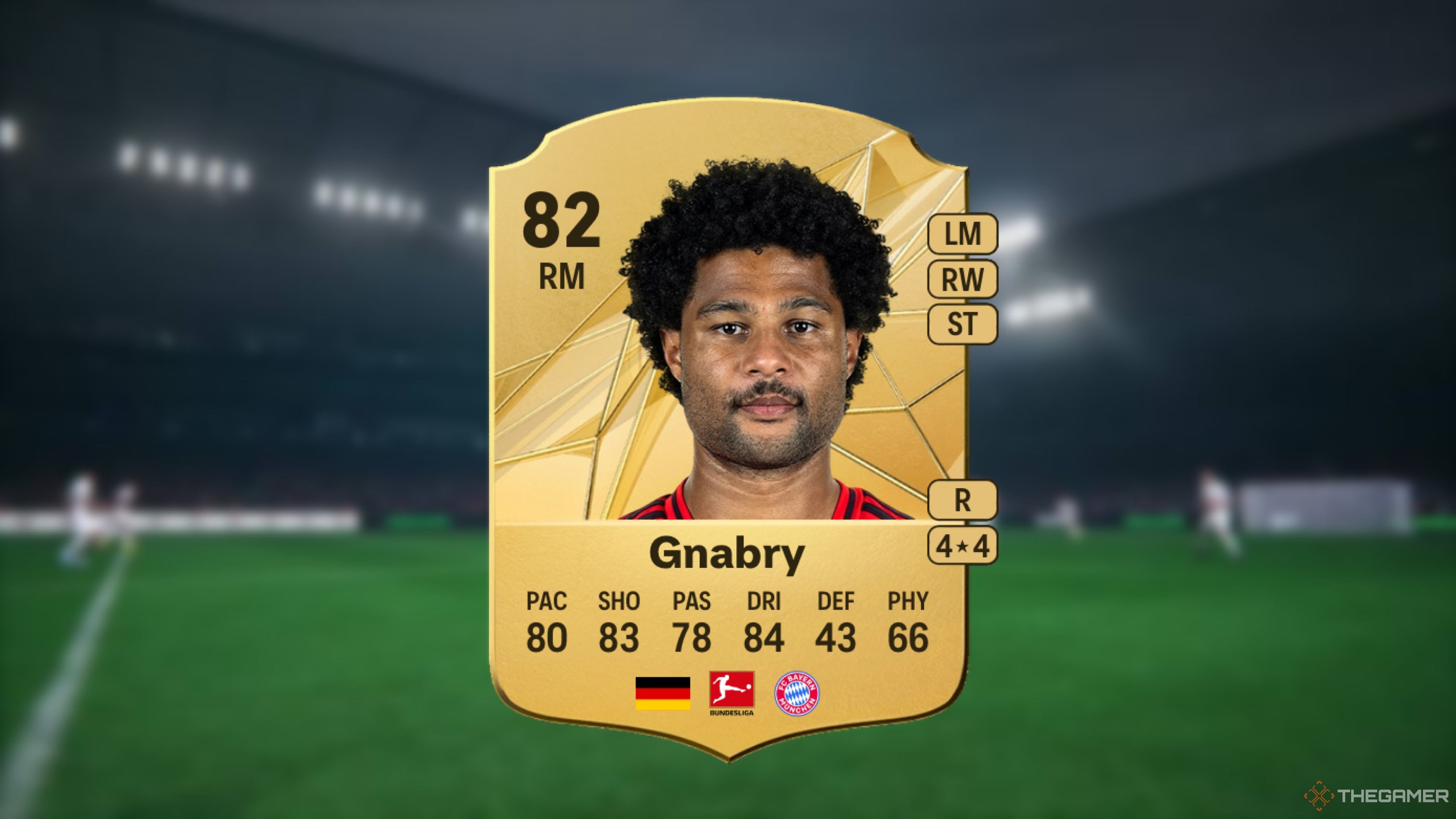 Image showing Gnabry card against a faded stadium background. 