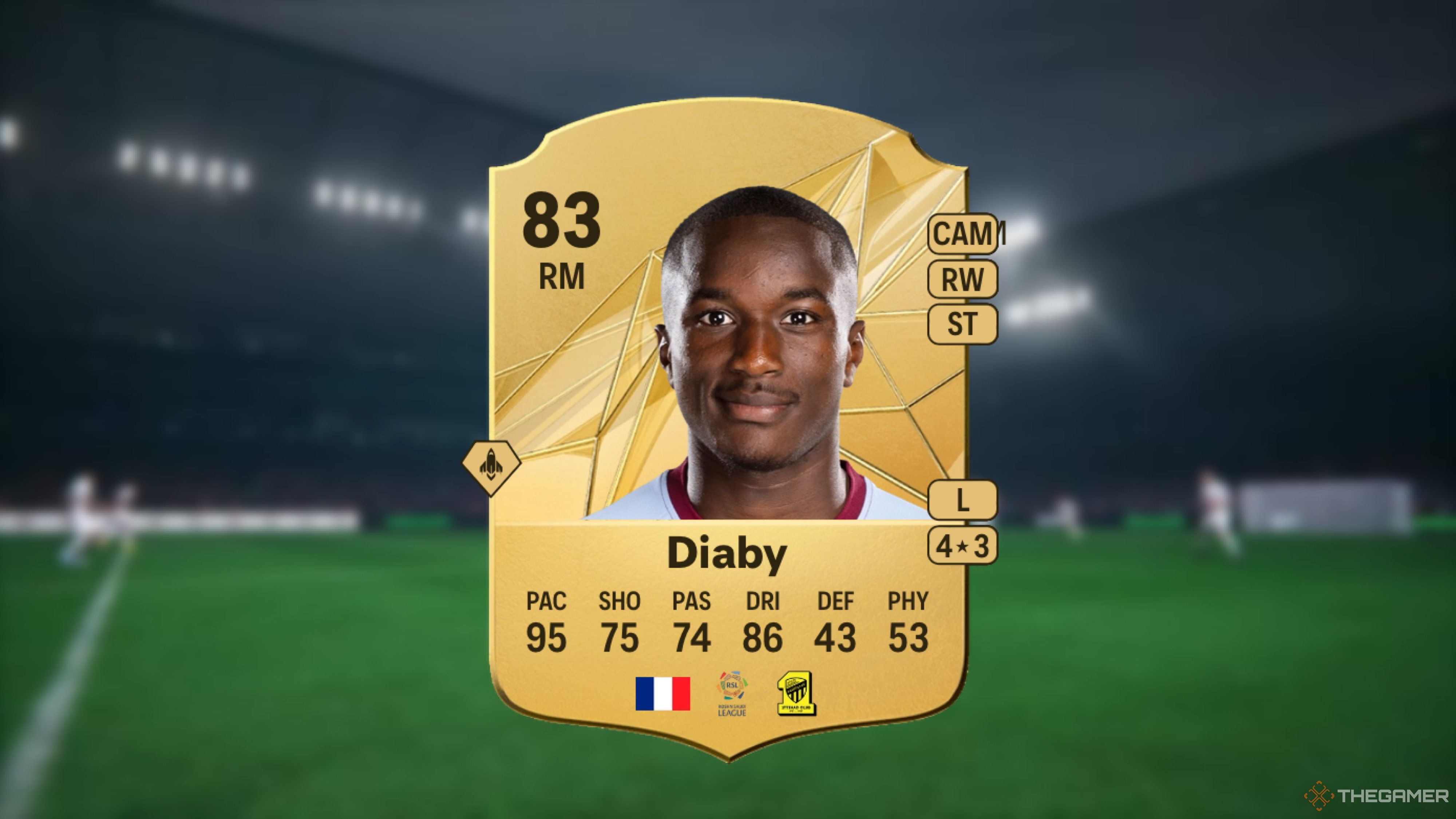 Image showing Diaby card against a faded stadium background. 