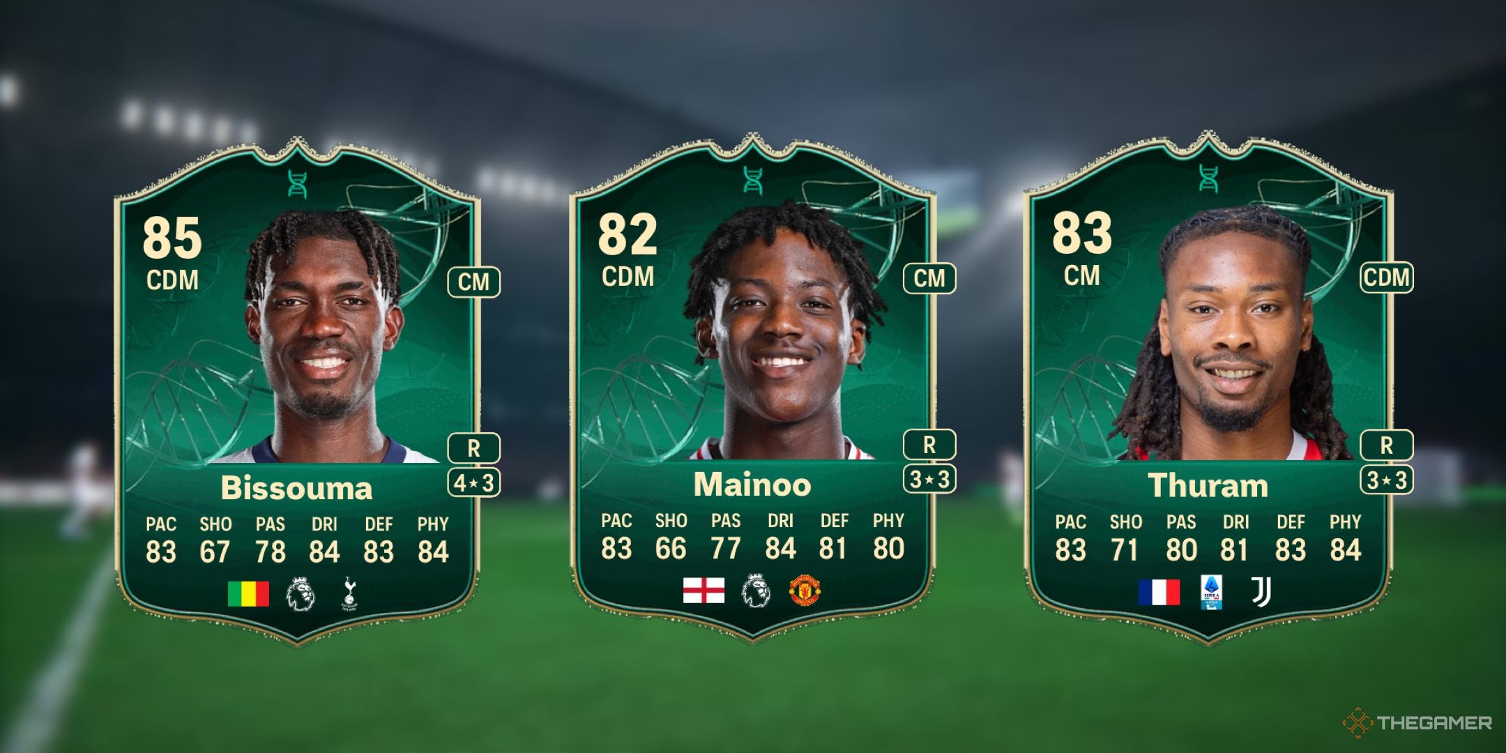 Image showing Bissouma, Mainoo, and Thuram card against a faded pitch background.