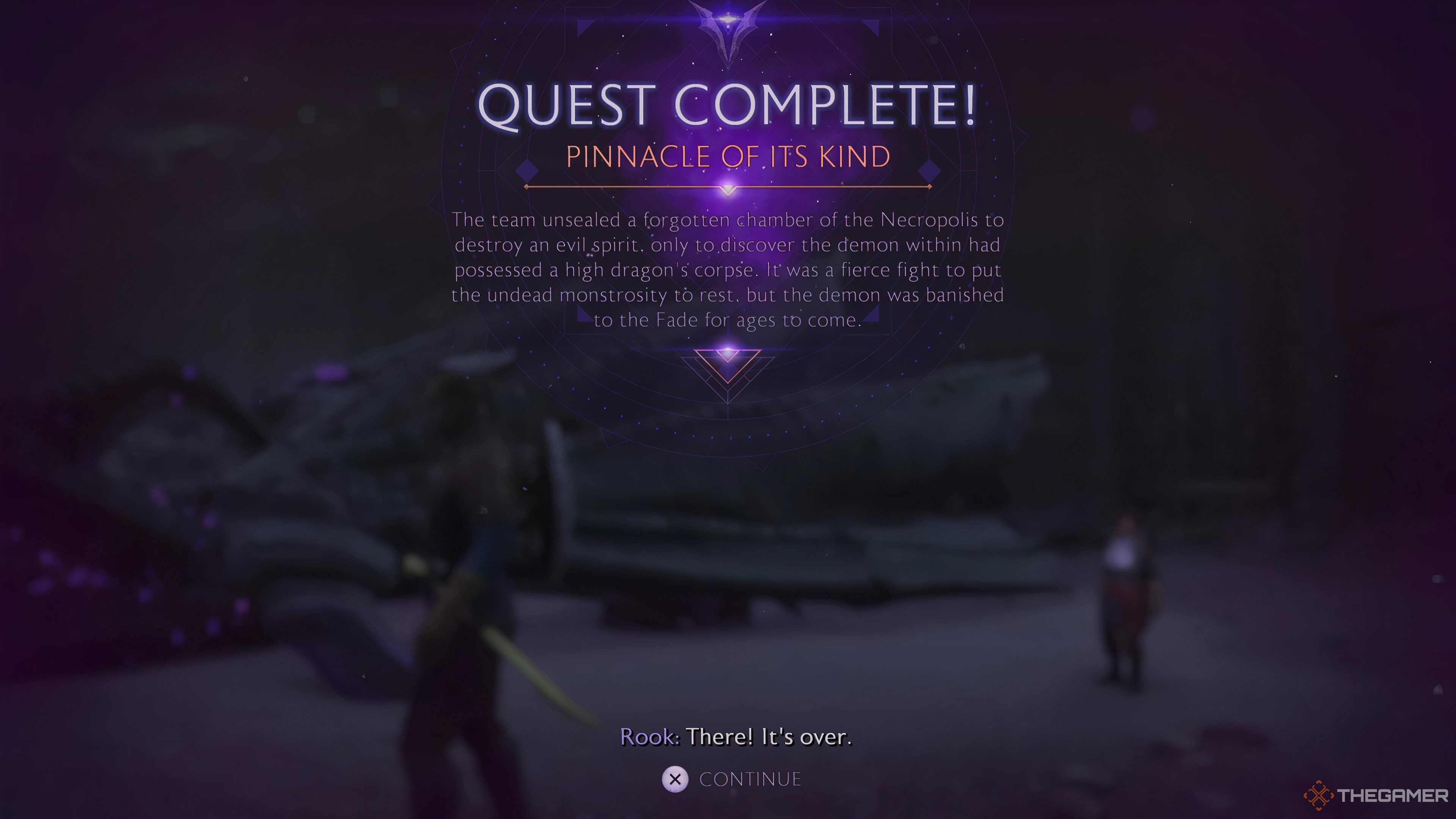 The Pinnacle of Its Kind quest completion screen in Dragon Age: The Veilguard.
