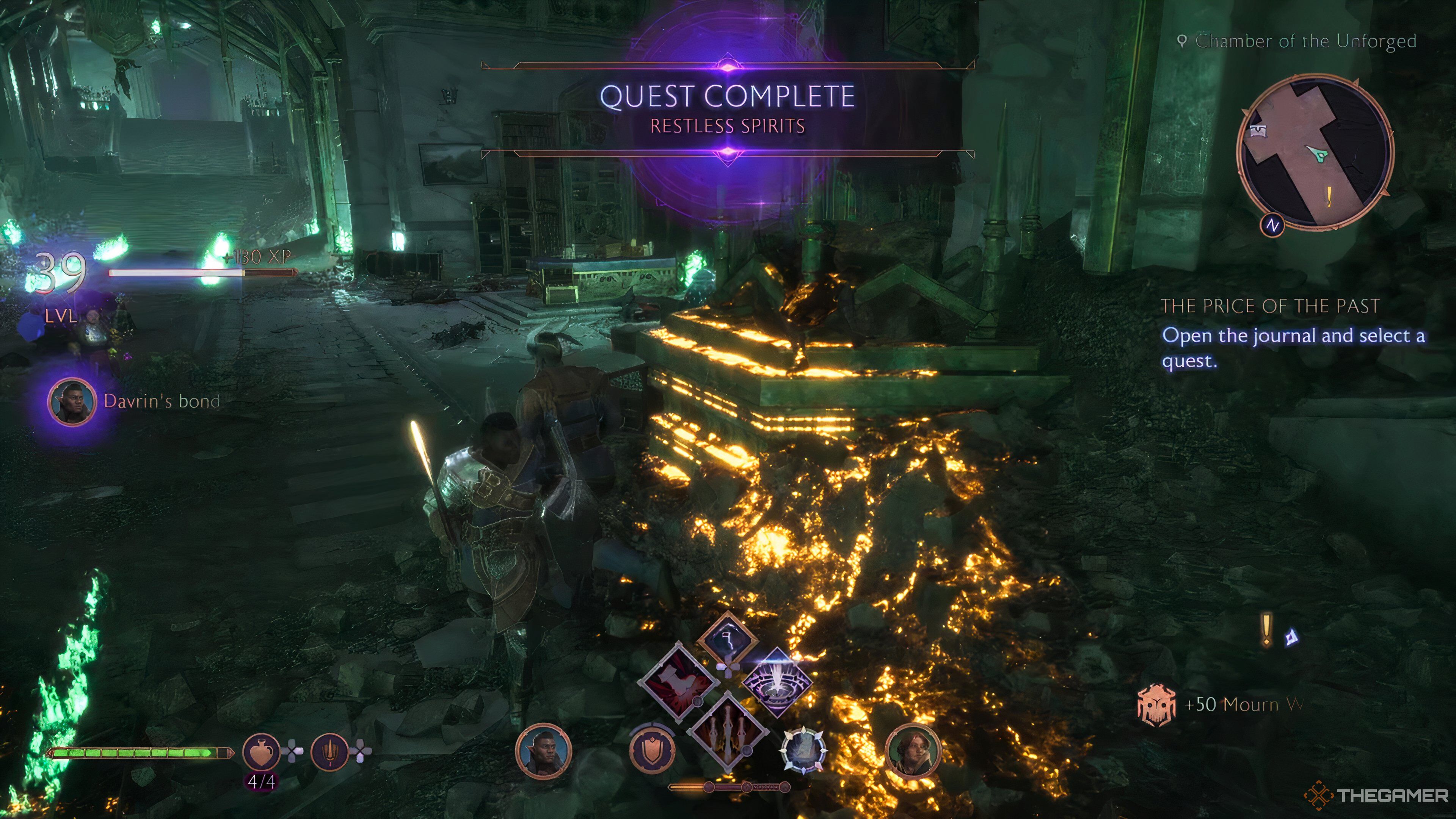 The quest completion screen for the Restless Spirits quest in Dragon Age: The Veilguard.