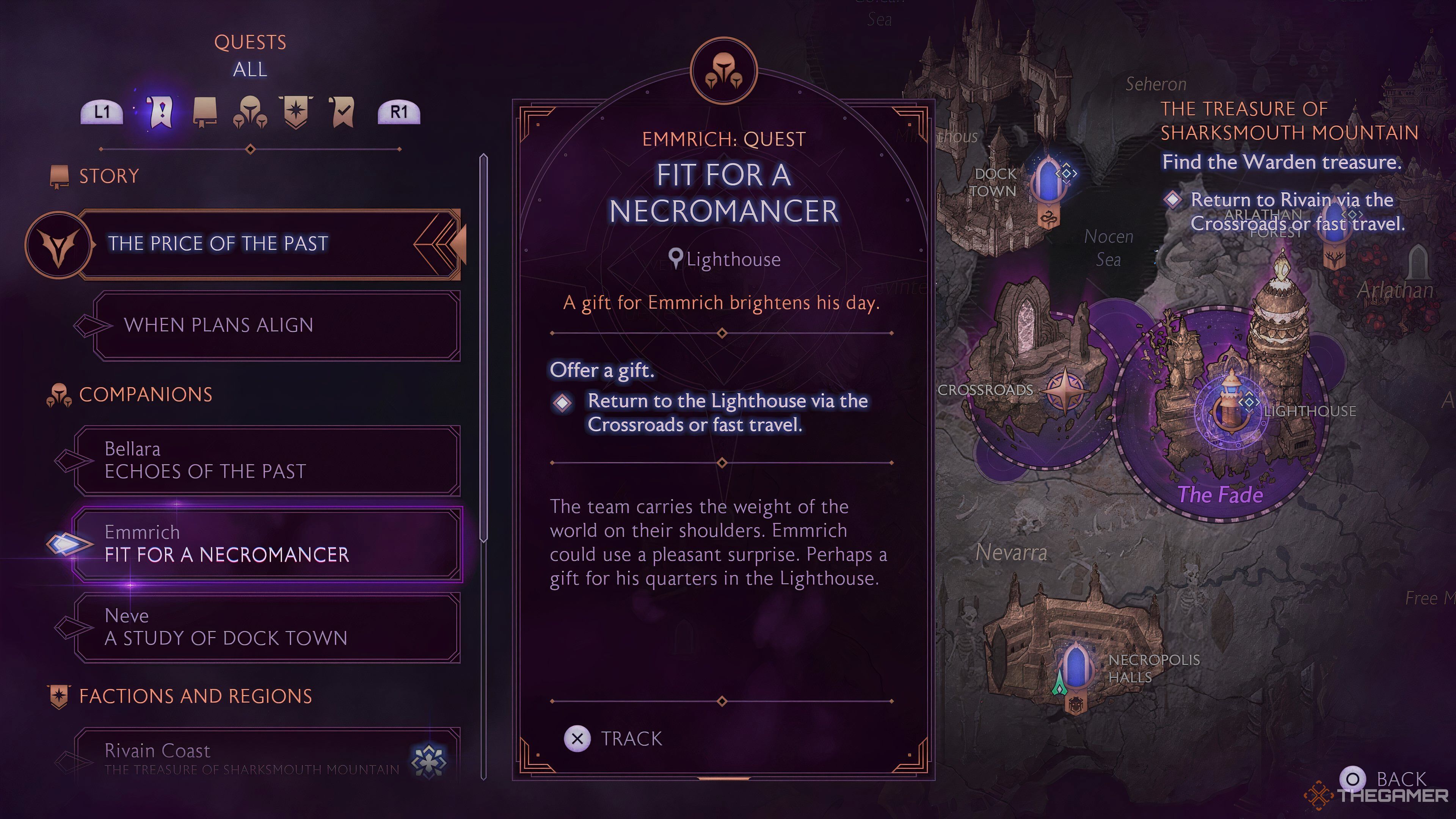 The quest details page for Emmrich's gift quest in Dragon Age: The Veilguard.