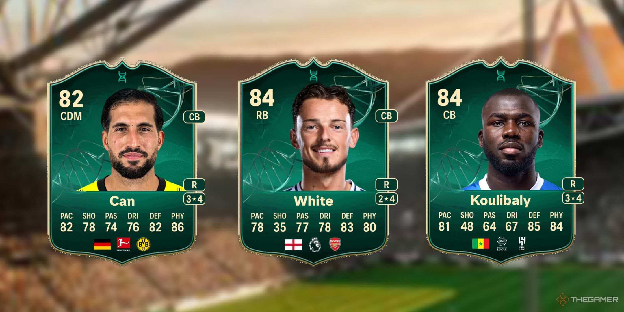 Image showing Can, White, and Koulibaly card against a faded pitch background.