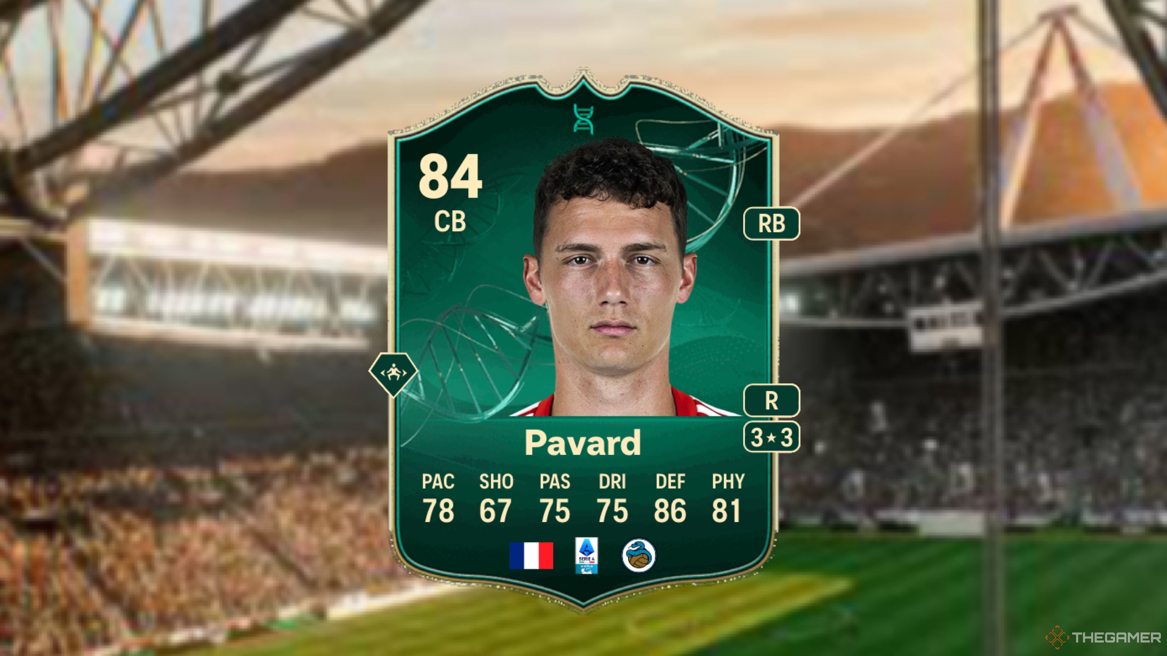 Image showing Pavard card against a faded stadium background. 