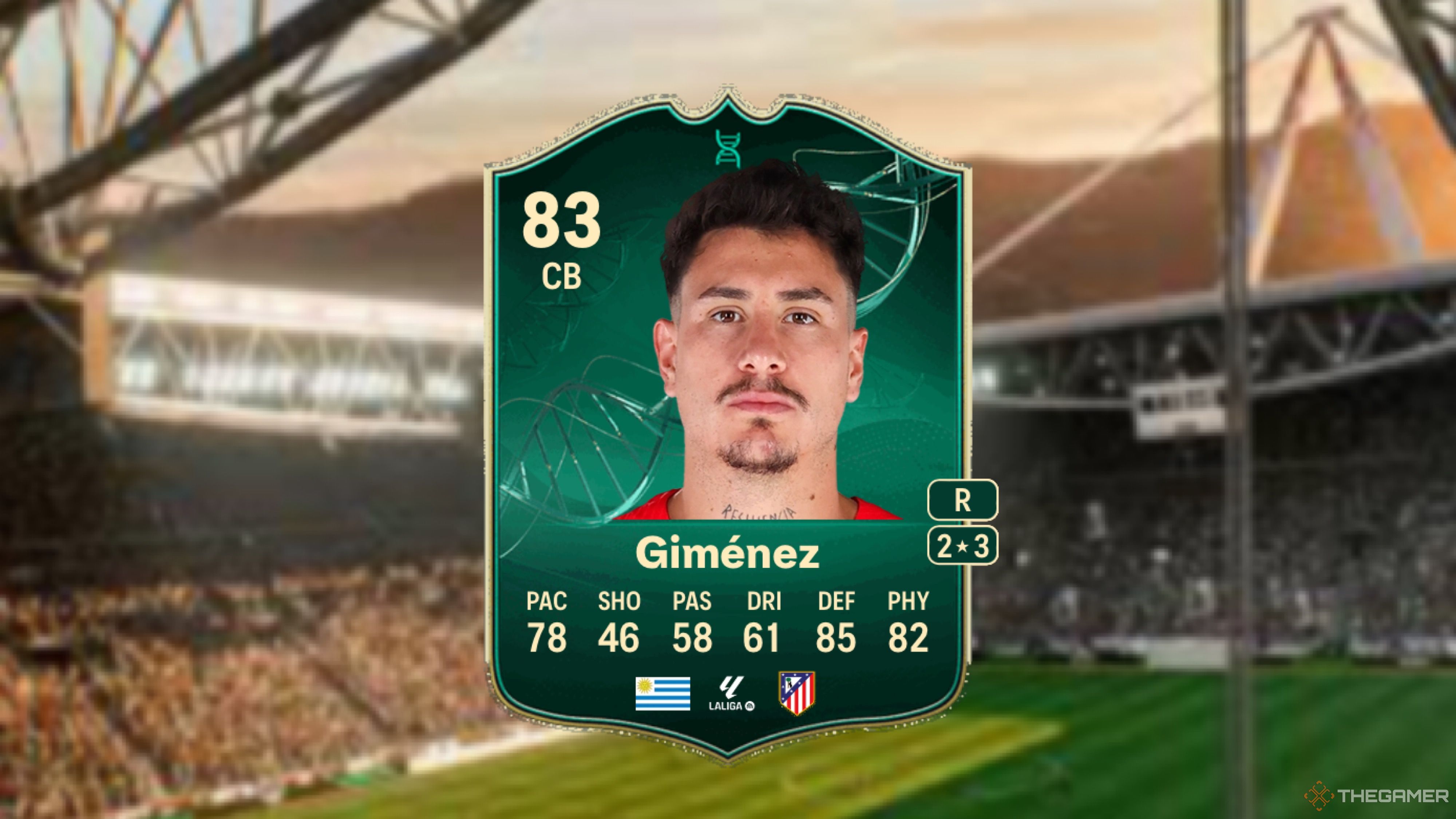 Image showing Giménez card against a faded stadium background. 