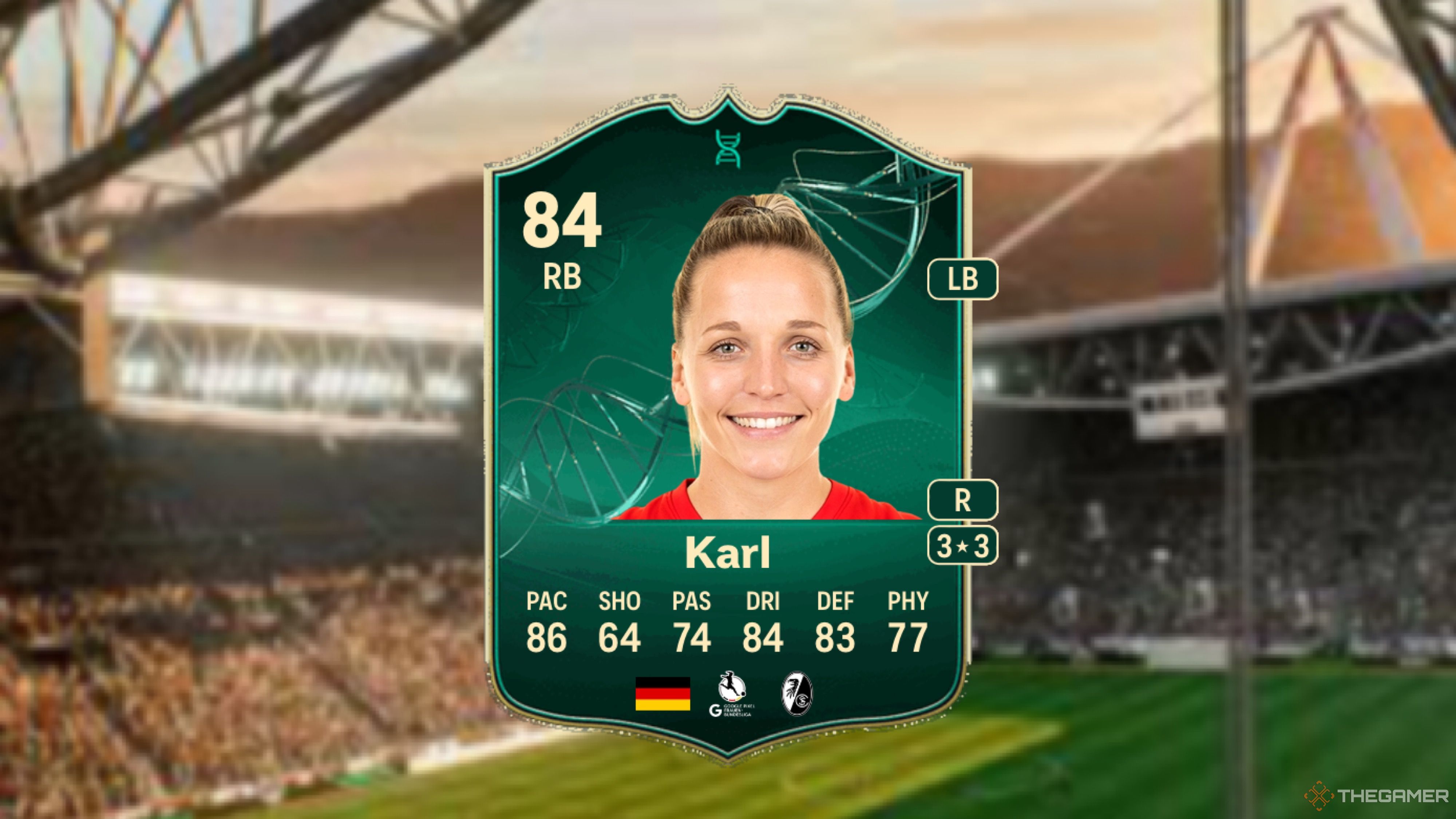 Image showing Karl card against a faded stadium background.