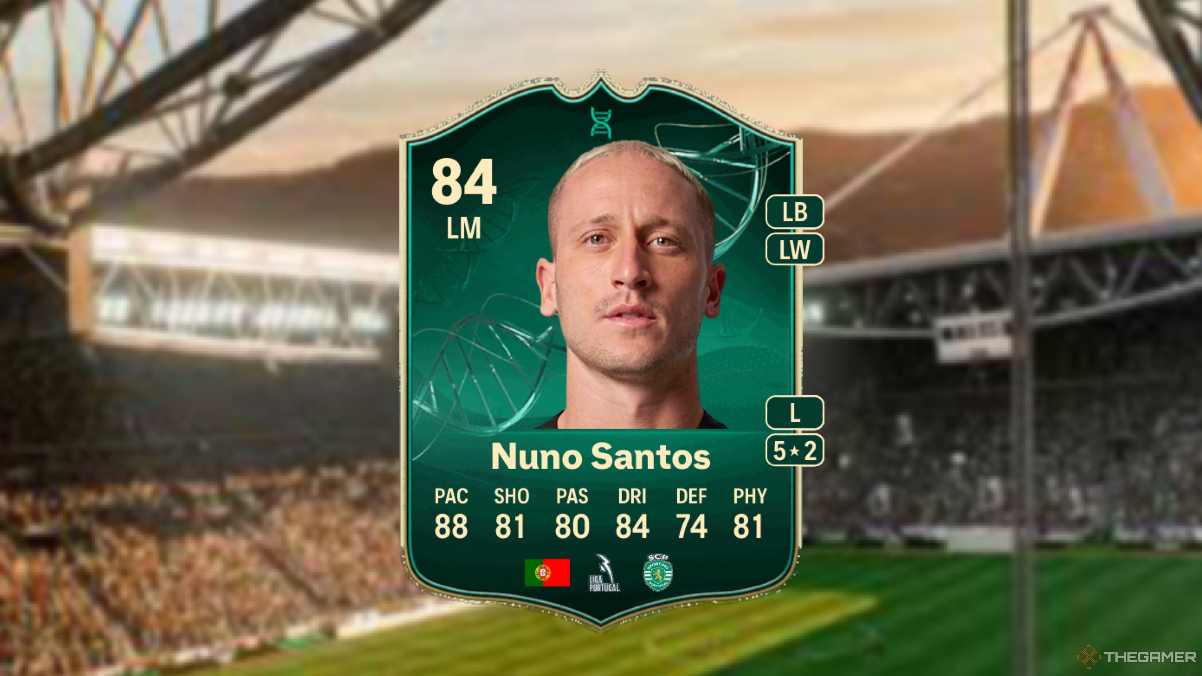 Image showing Santos card against a faded stadium background.