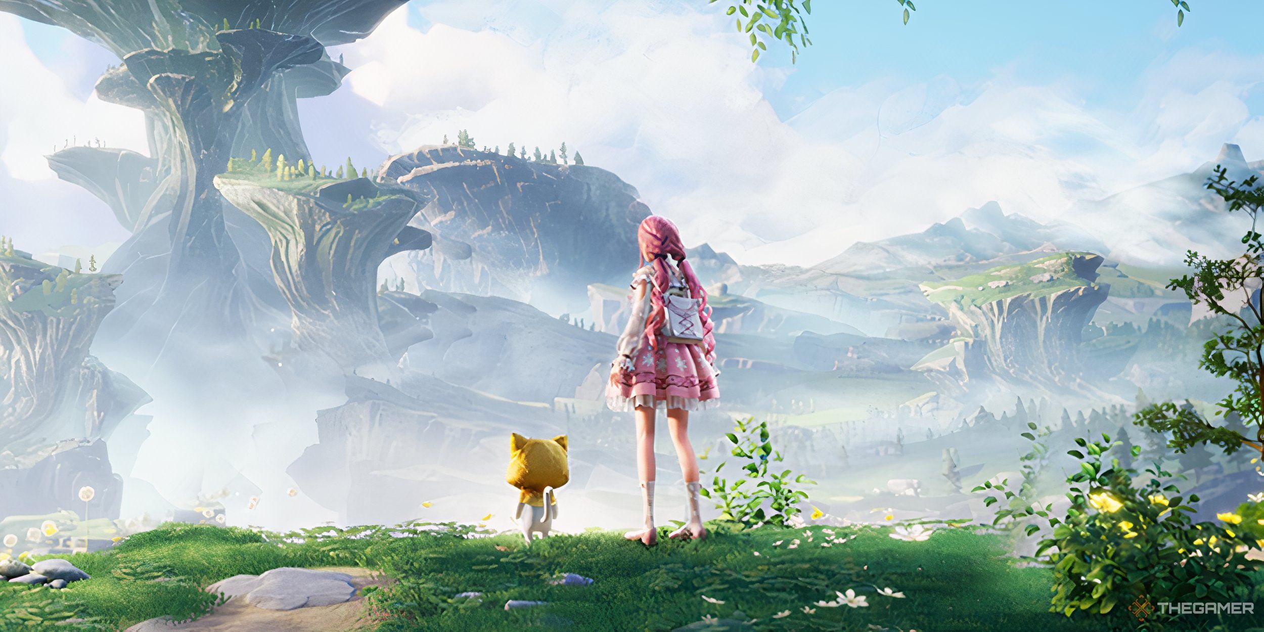 Nikki and Momo staring at the landscape of Miraland in the distance.