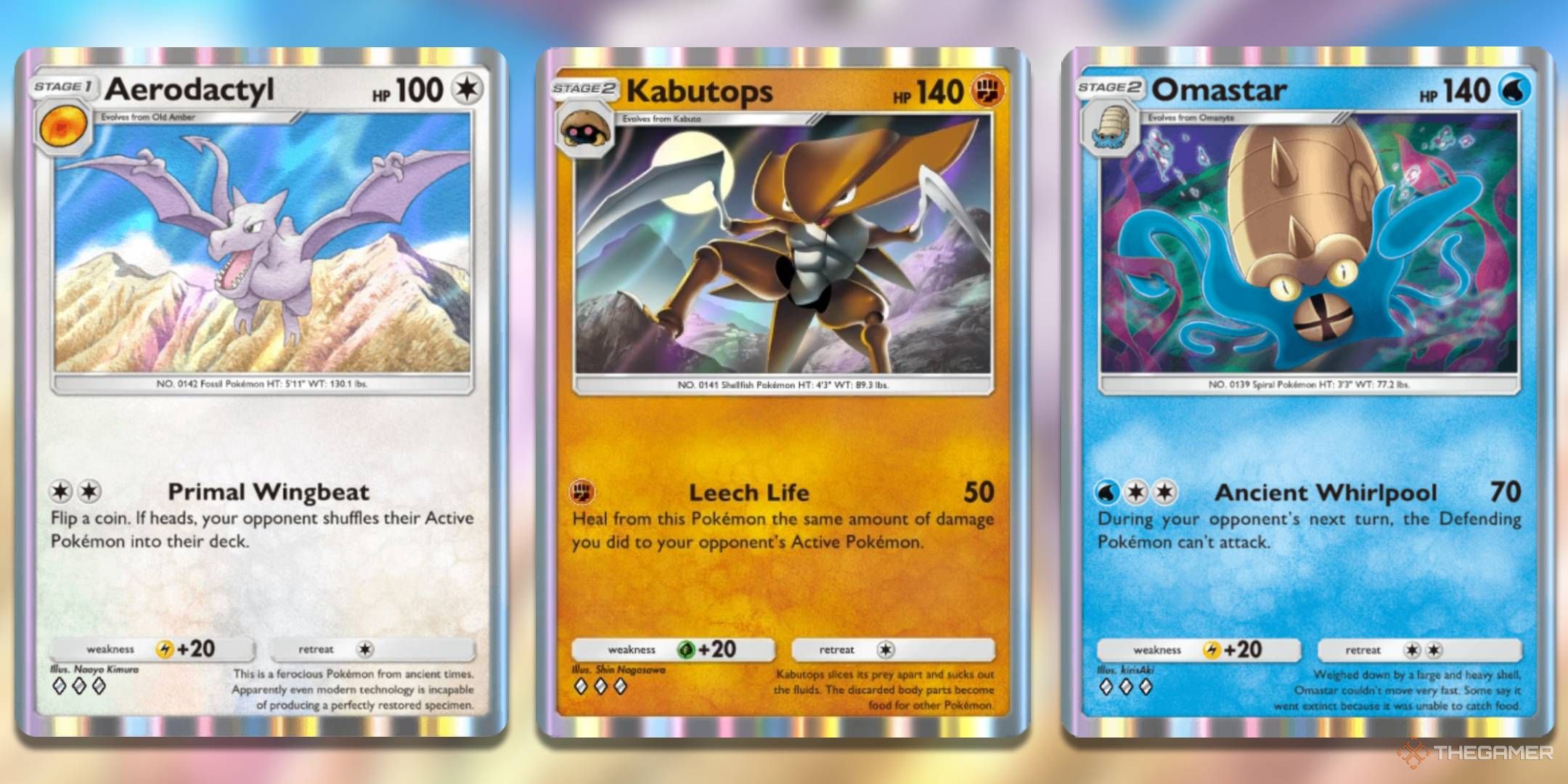 The Aerodactyl, Kabutops, and Omastar cards from the Genetic Apex set.