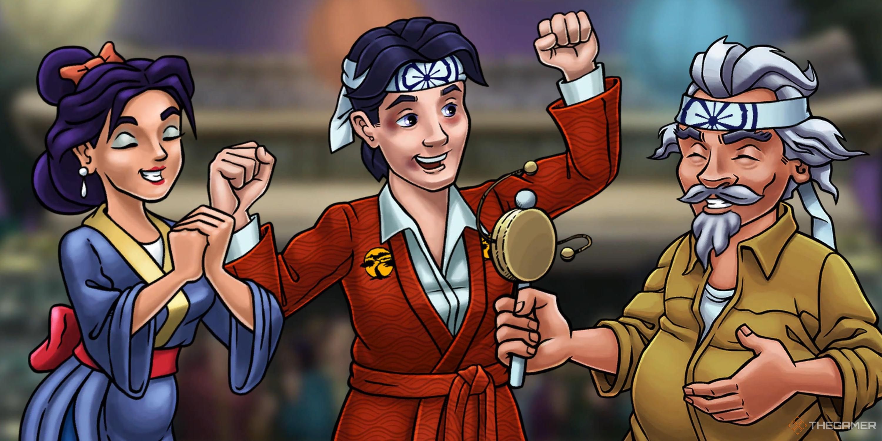 Daniel celebrating defeating Chozen with Kumiko and Miyagi in Karate Kid: Street Rumble.
