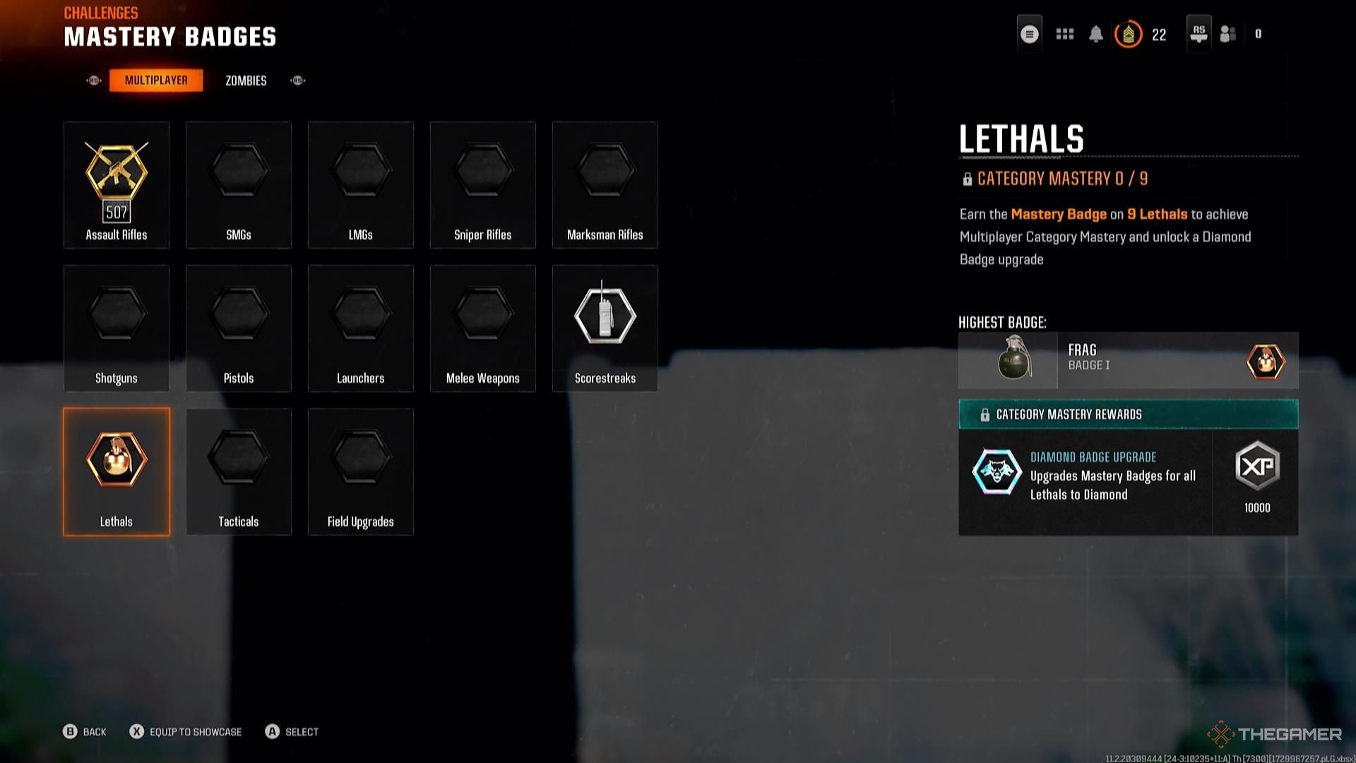 The Lethal Mastery Badge on the Multiplayer Mastery Badge menu in Call of Duty: Black Ops 6.