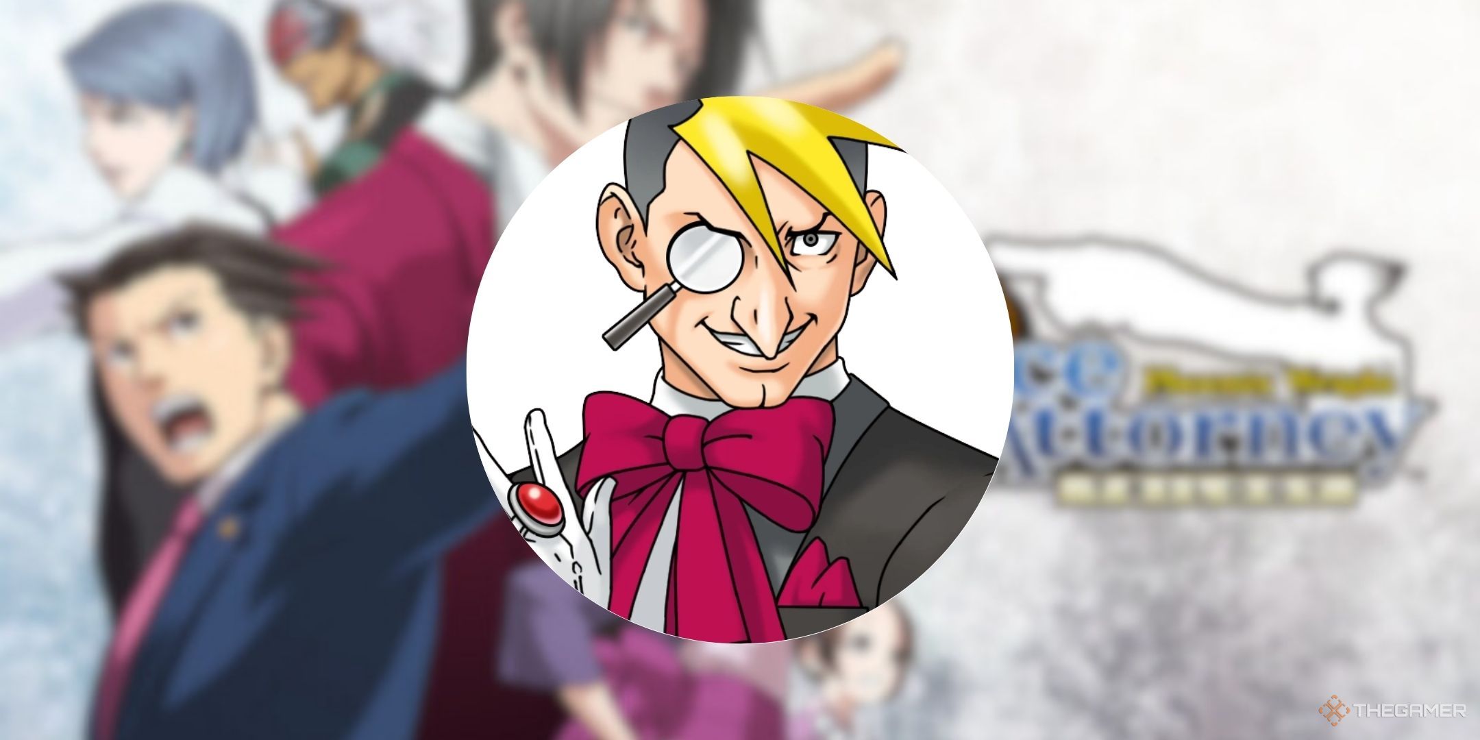 Luke Atmey on a blurred background of the original Ace Attorney trilogy collection.