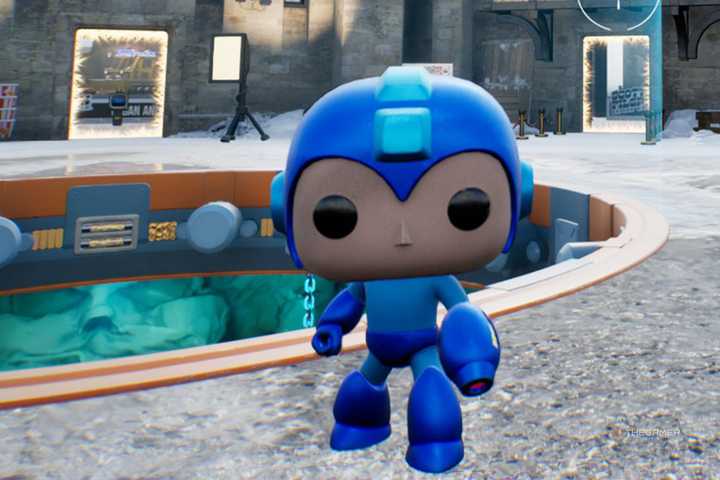 Mega Man is standing on Scott Pilgrim world's floor in Funko Fusion.