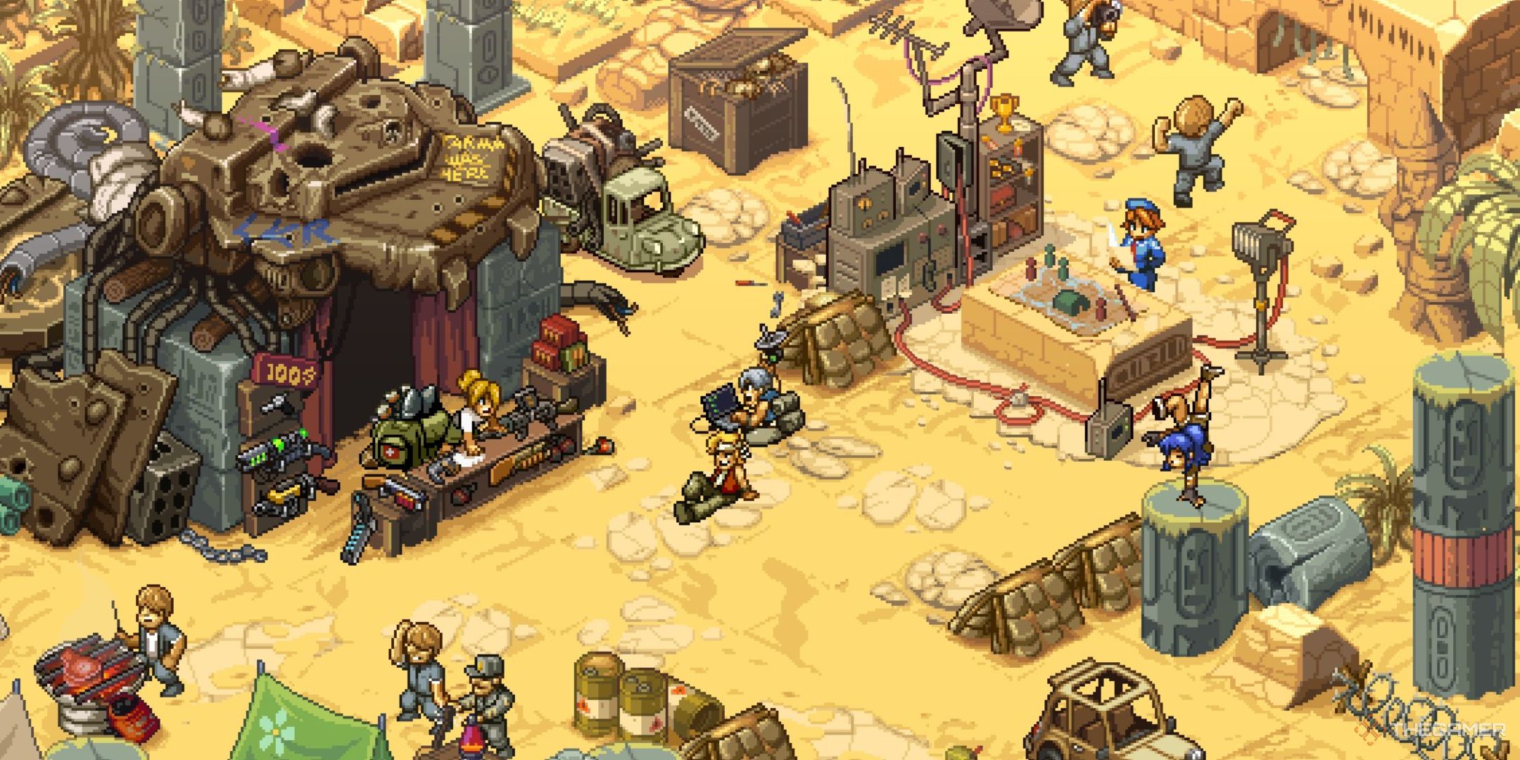the desert base with marco, trevor, and leona in metal slug tactics.