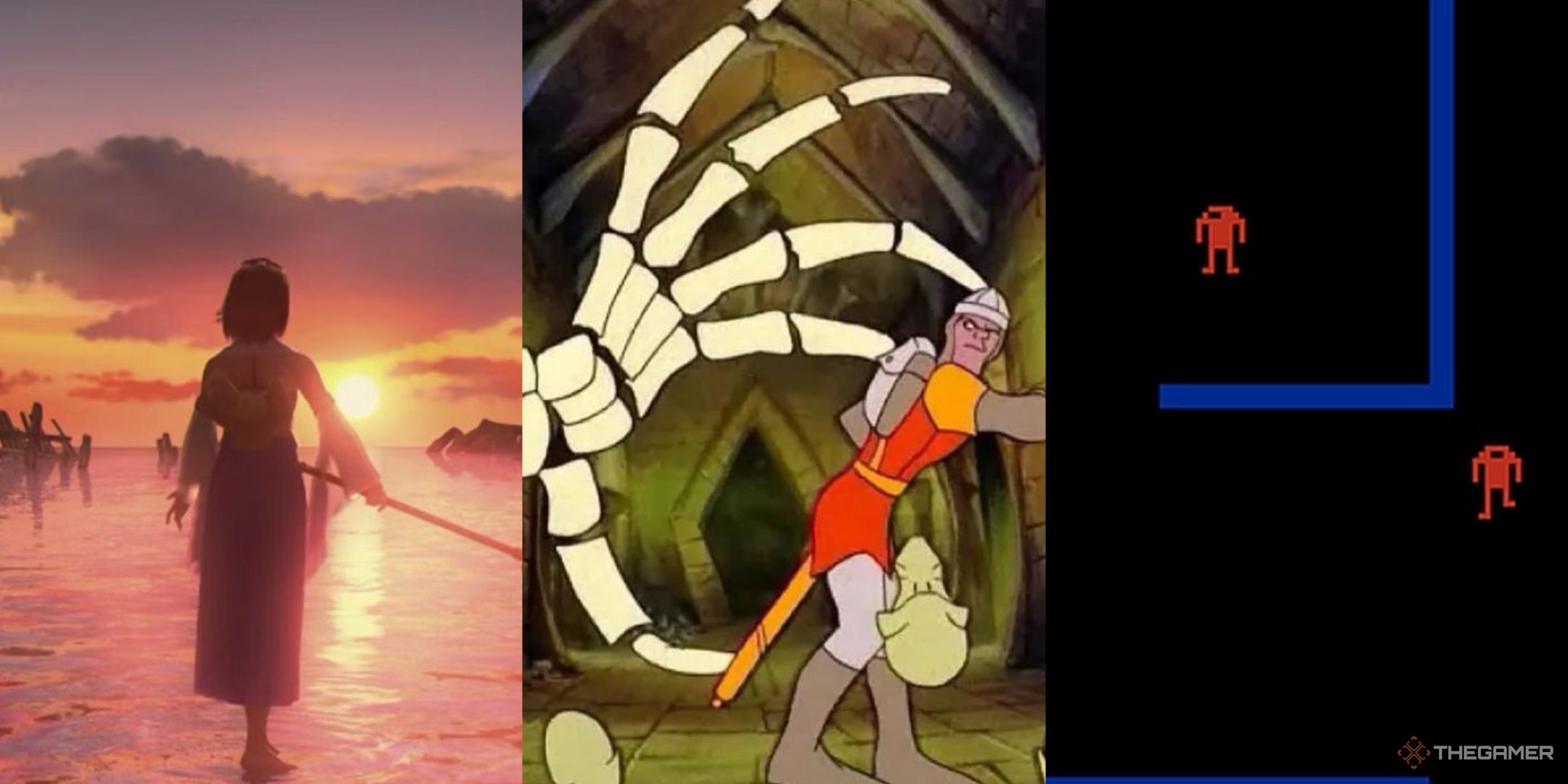 Yuna in a cg cutscene on the beach in final fantasy 10, a giant skeleton hand in an animated scene of Dragon's Lair, and red enemies from Berzerk, left to right.