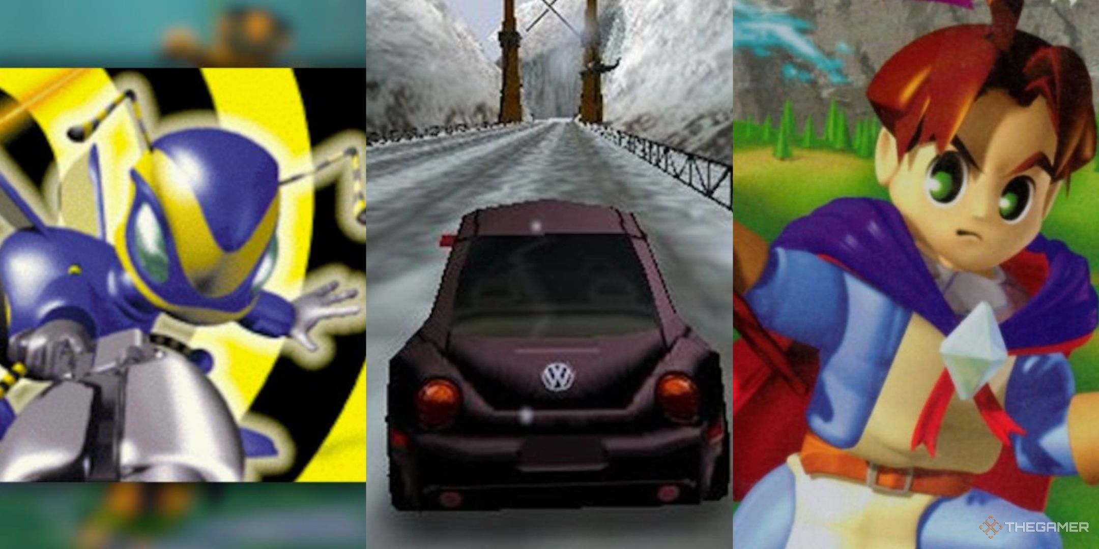 The character of buck bumble on the cover of the eponymous game, a new beetle on an icy road in beetle adventure racing, and a mage character on the cover of quest 64, left to right.