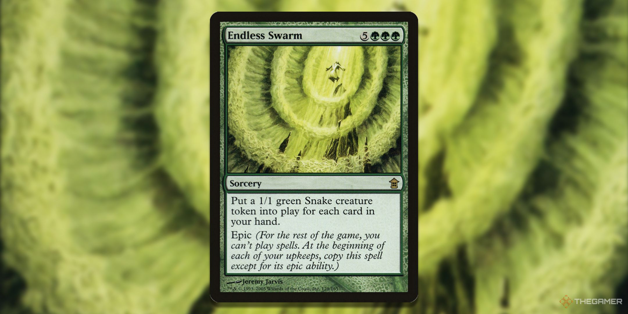 MTG Endless Swarm card with the art in the background.