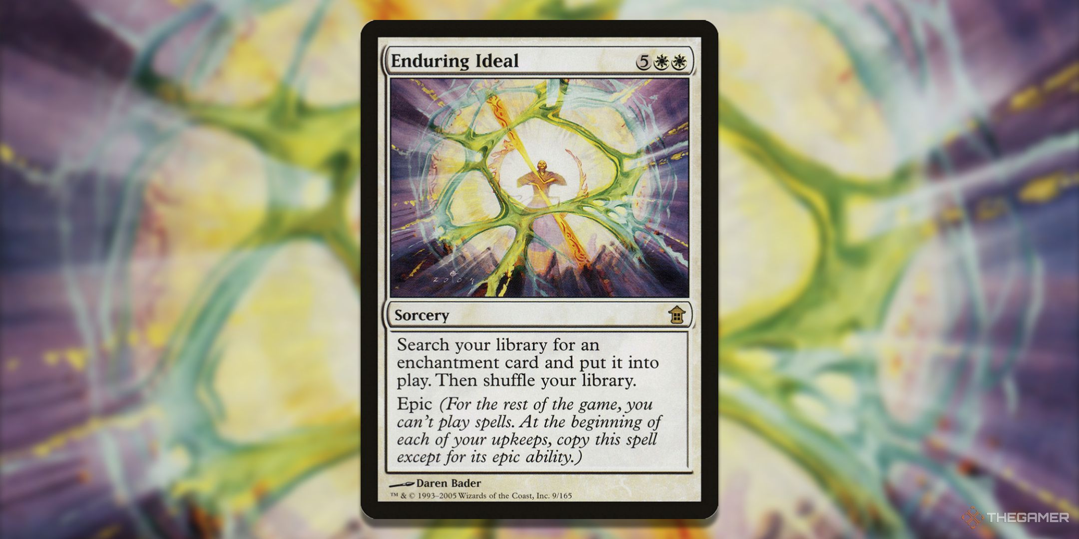 MTG Enduring Ideal card with the art in the background.