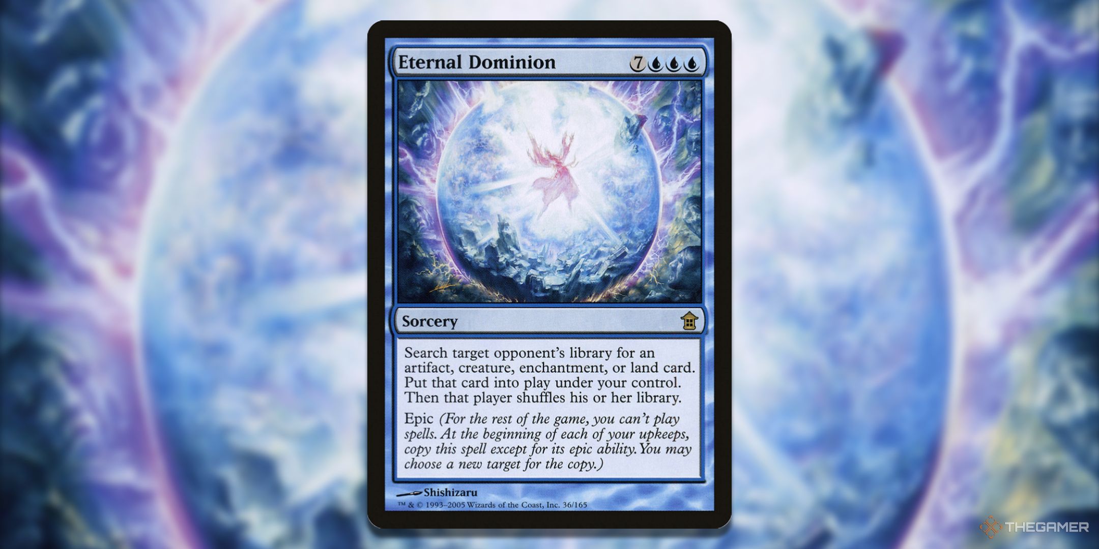 MTG Eternal Dominion card with the art in the background.