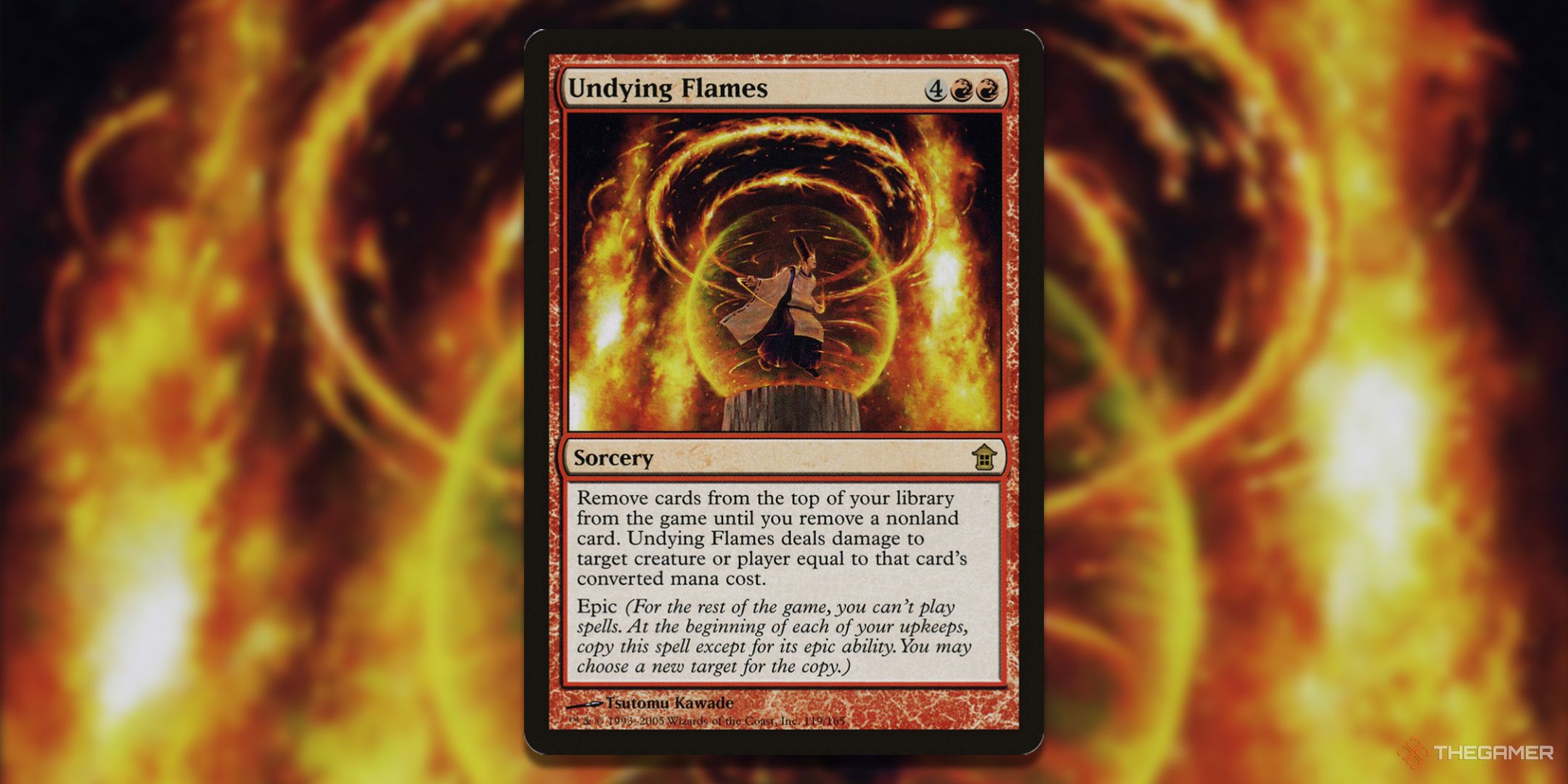 MTG Undying Flames card with the art in the background.