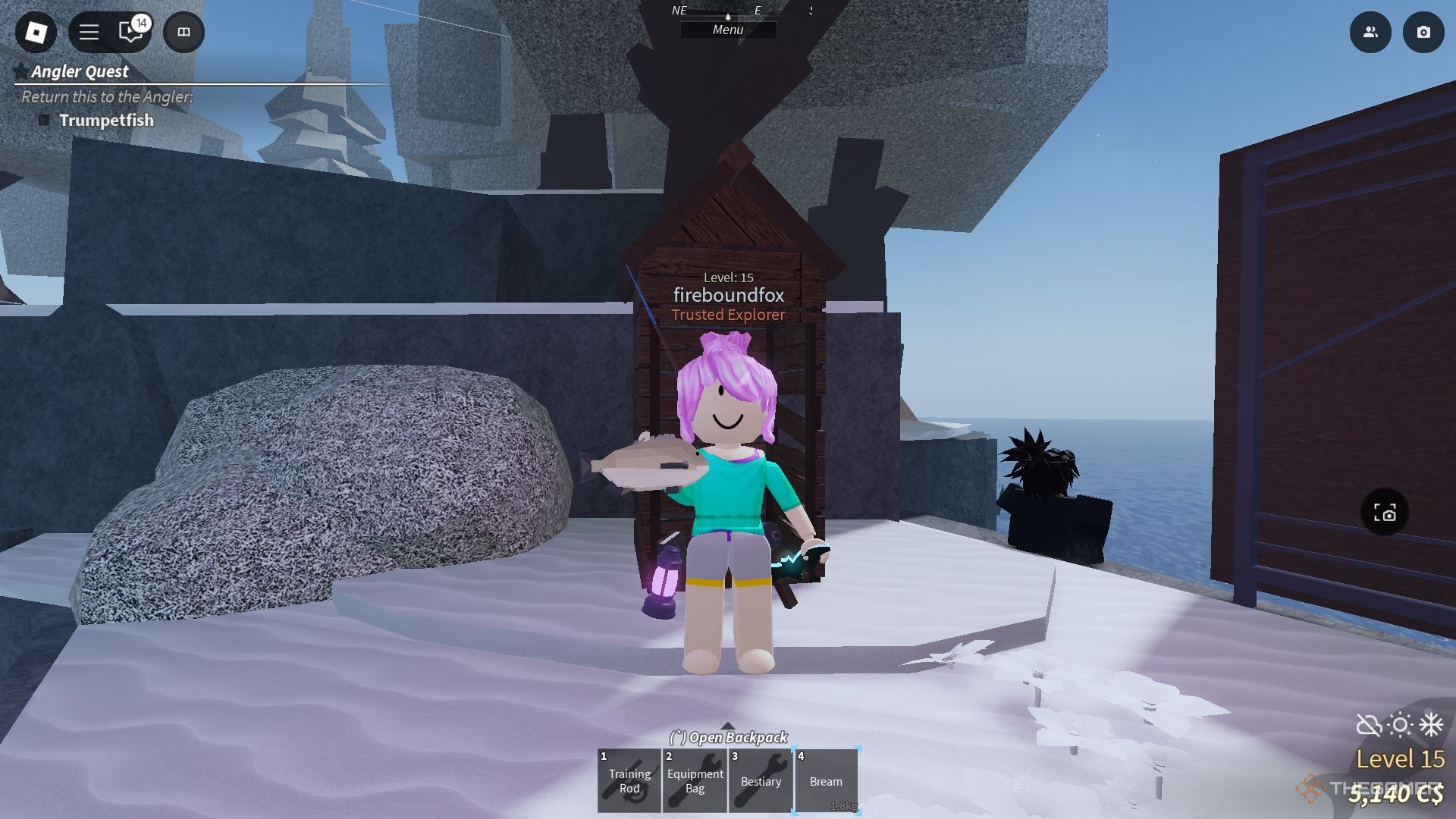 A pink-haired avatar holding out a Bream at the edge of Moosewood in Fisch on Roblox.