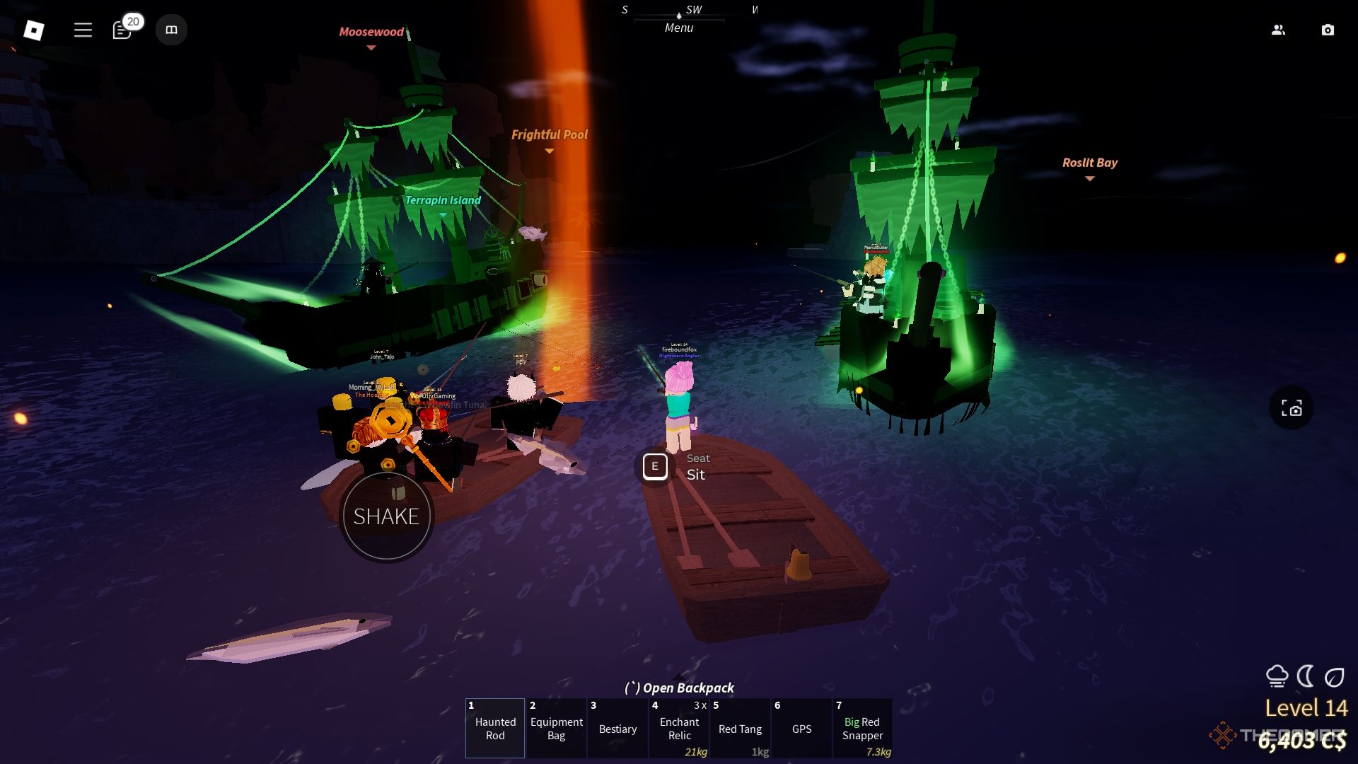 Players fishing in a Frightful Pool in Fisch on Roblox.