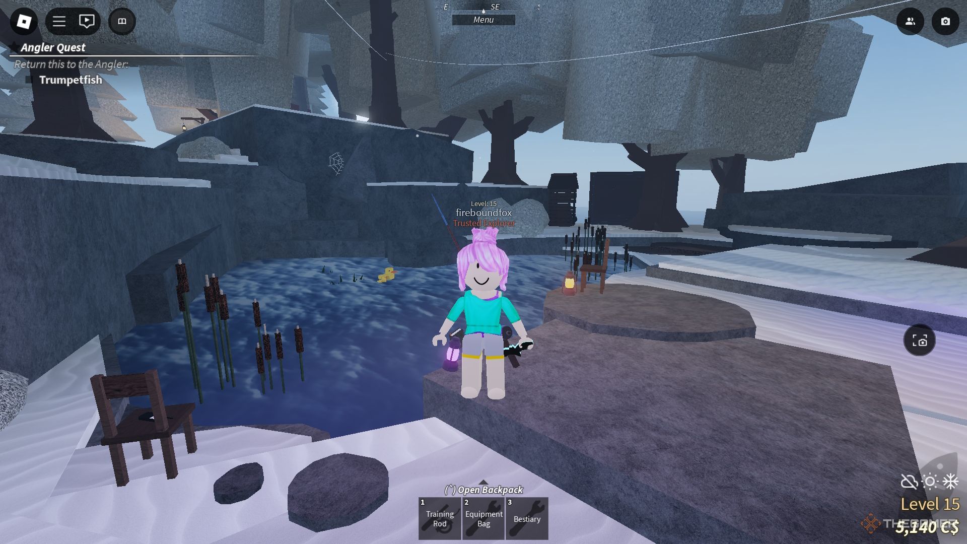 A small pond on Moosewood with a yellow duck in Fisch on Roblox. 