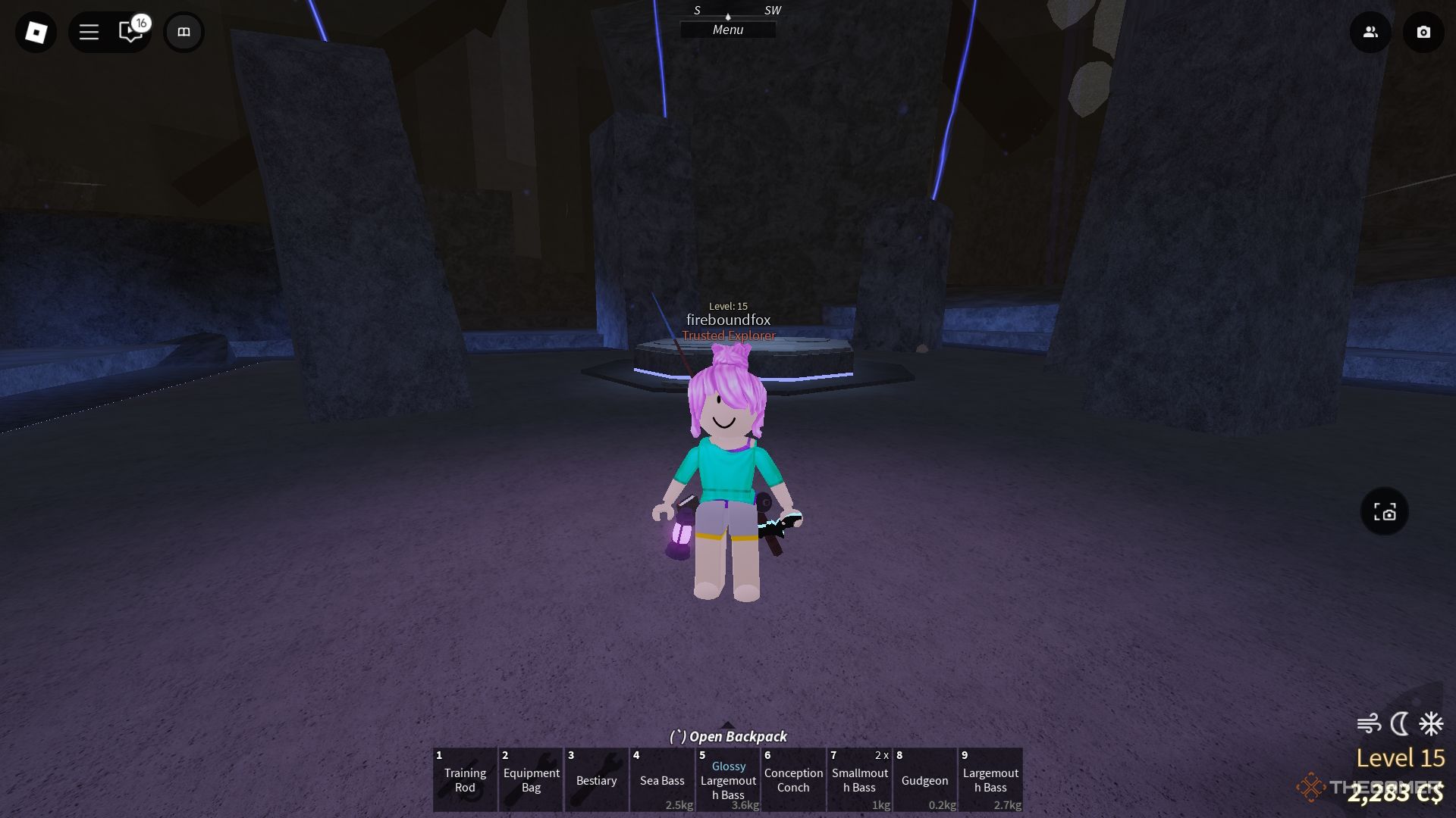 A pink-haired avatar standing in front of the Keepers Altar in Fisch on Roblox.