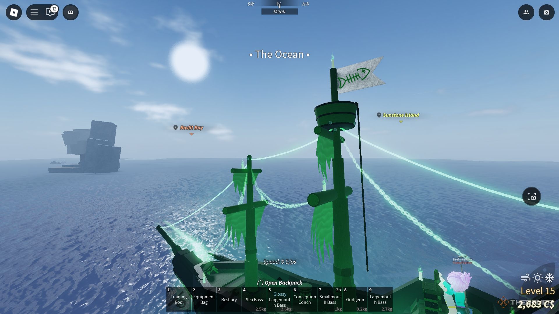 A Flying Dutchman ship sailing in the ocean in Fisch on Roblox.