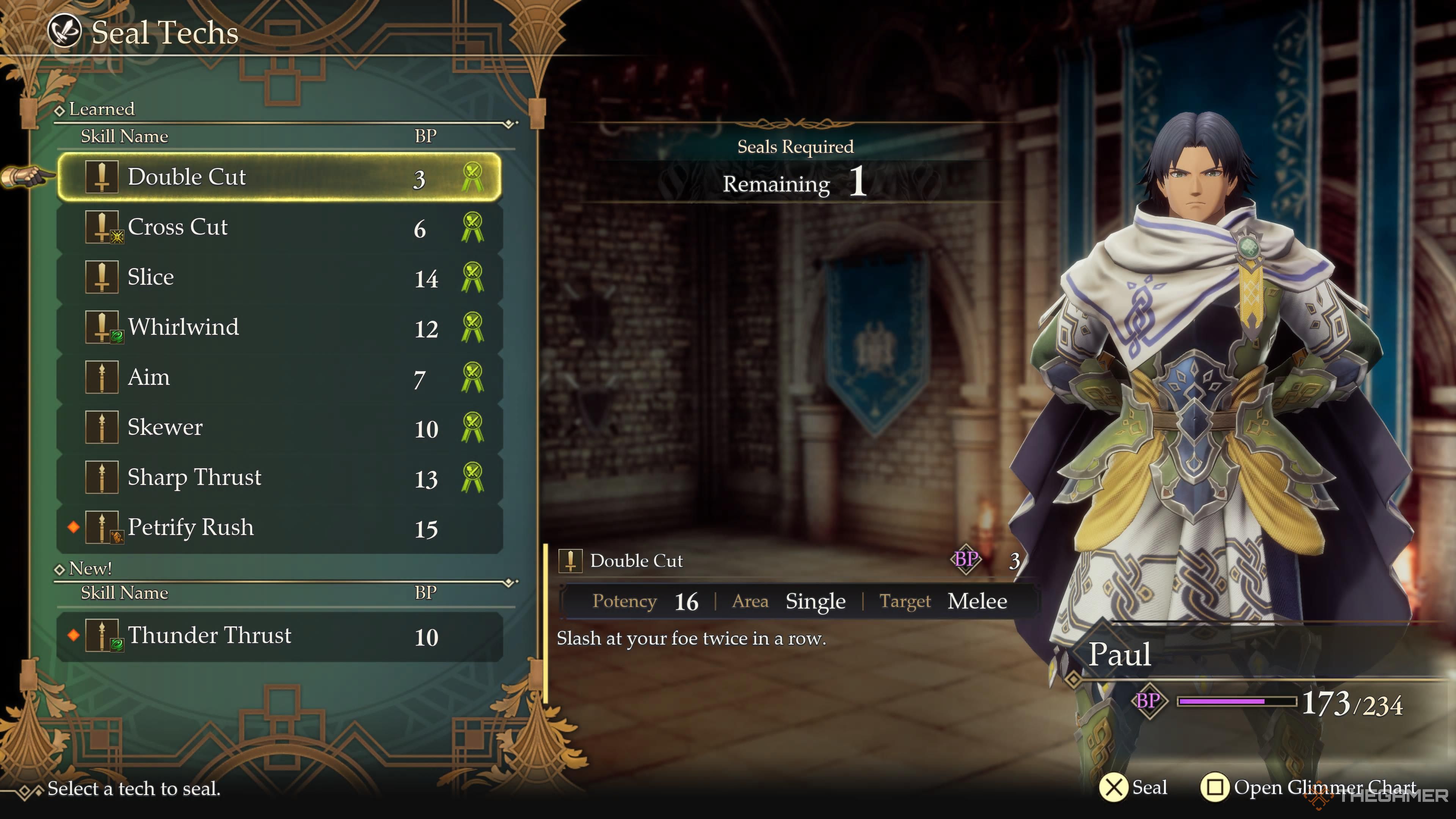 a crusader chooses a tech to seal in order to make room for thunder thrust in romancing saga 2: revenge of the seven.