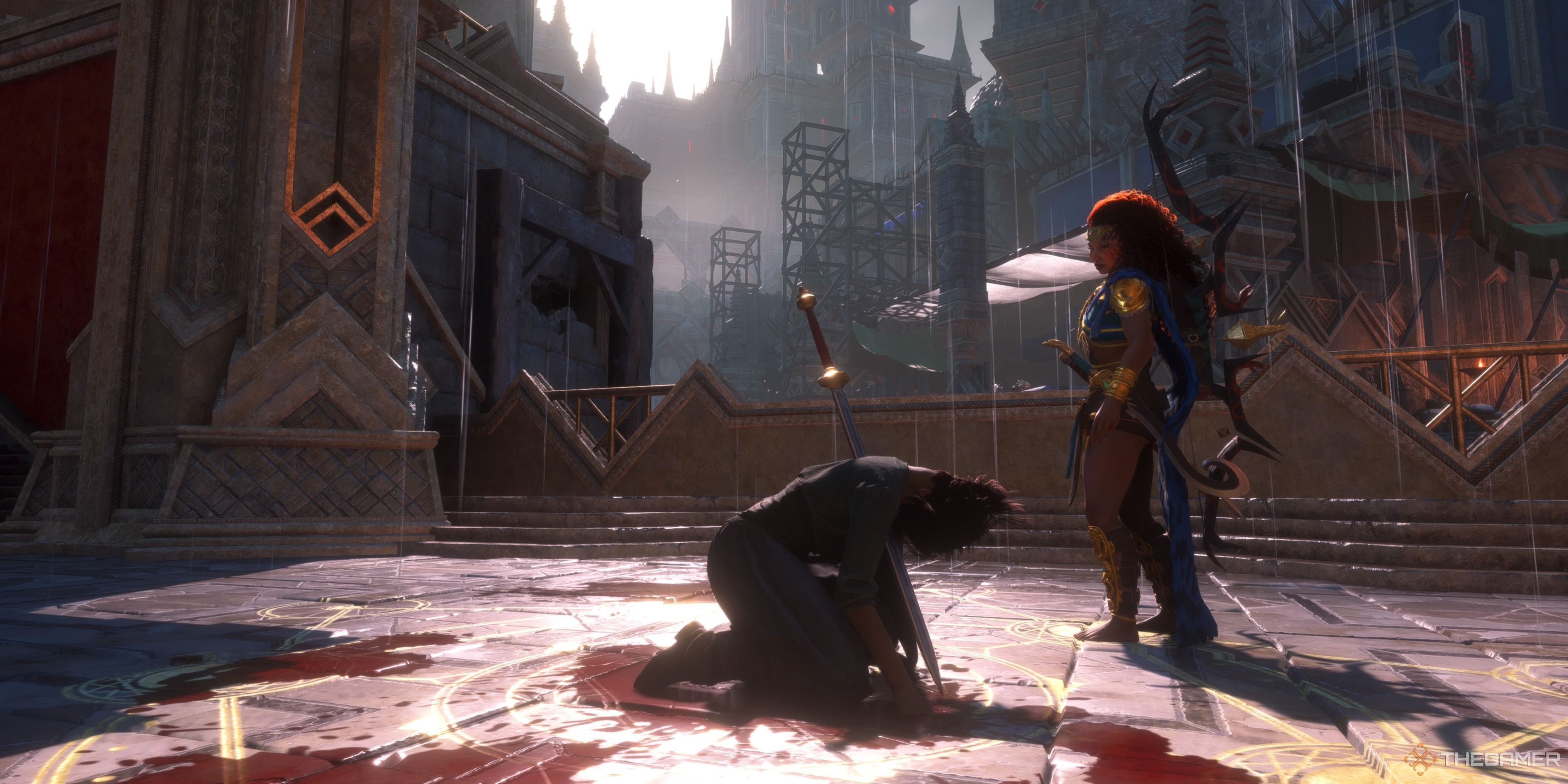 Rook standing over a body in the rain in Dragon Age The Veilguard