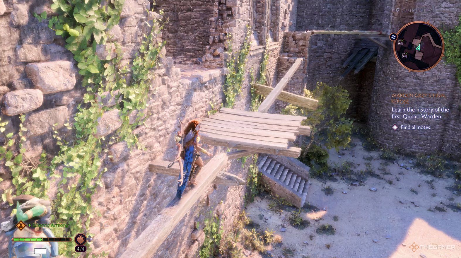 Climbing on a ledge at Castle Bailey in Dragon Age The Veilguard