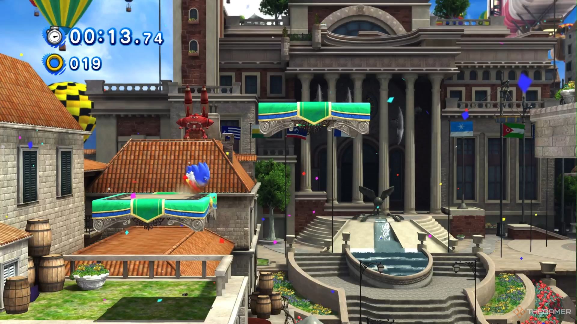 SONIC X SHADOW GENERATIONS Sonic jumping towards a green floating platform in Rooftop Run.