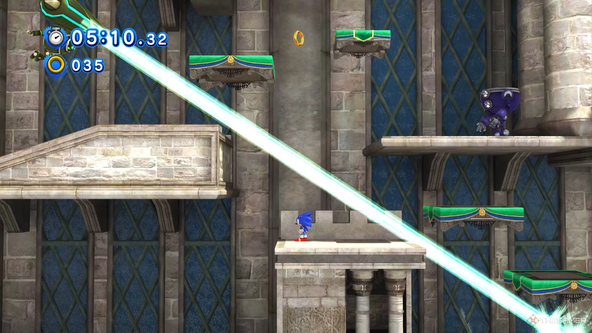 SONIC X SHADOW GENERATIONS Sonic standing on a clock tower as a laser beam is fired at him in Rooftop Run.