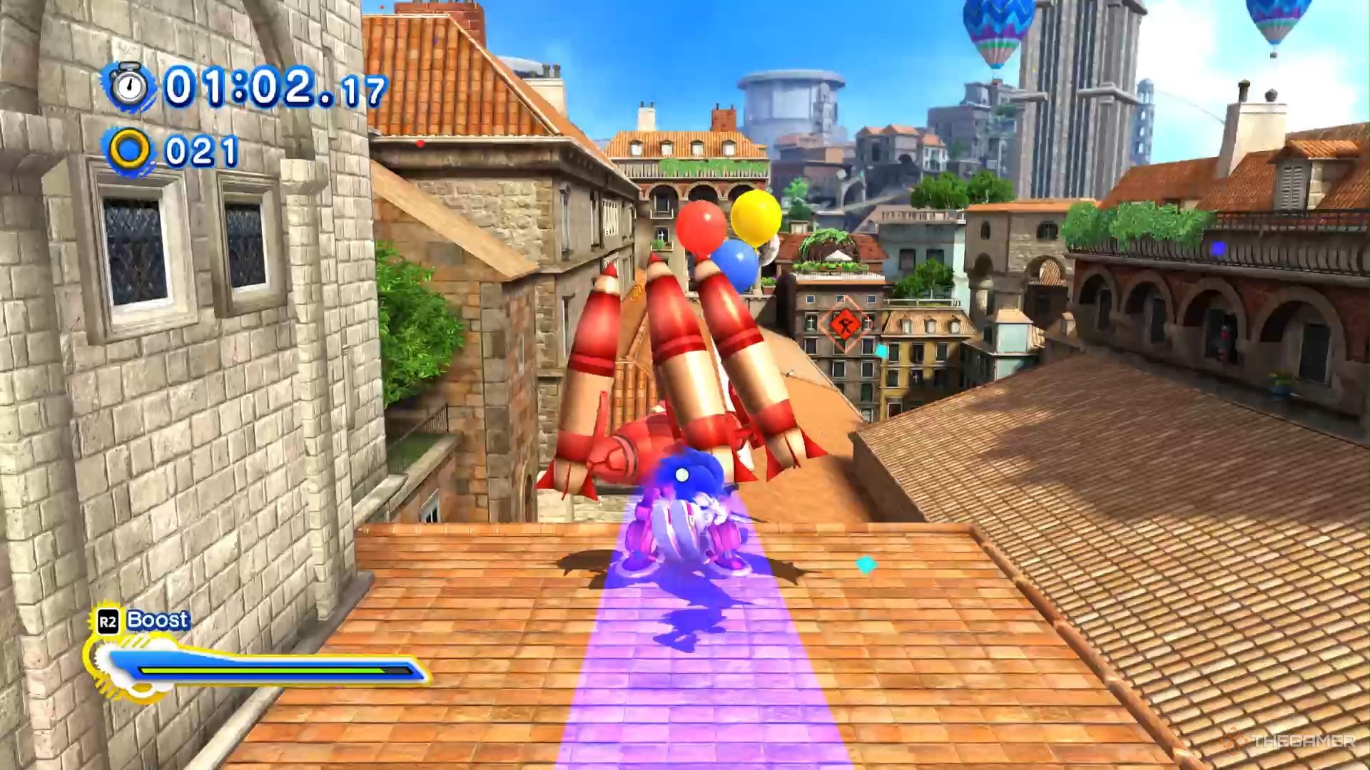SONIC X SHADOW GENERATIONS sonic using a homing attack on an enemy in rooftop run.