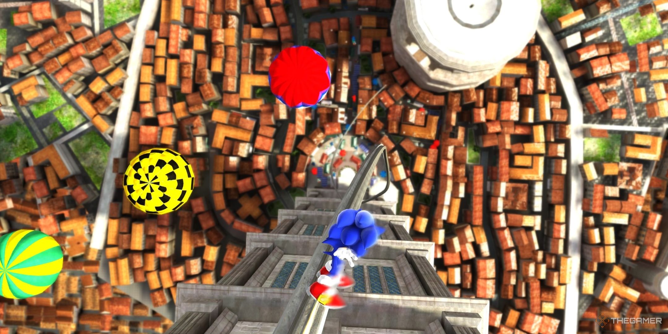 Sonic grinding a rail vertically downward in Rooftop Run.