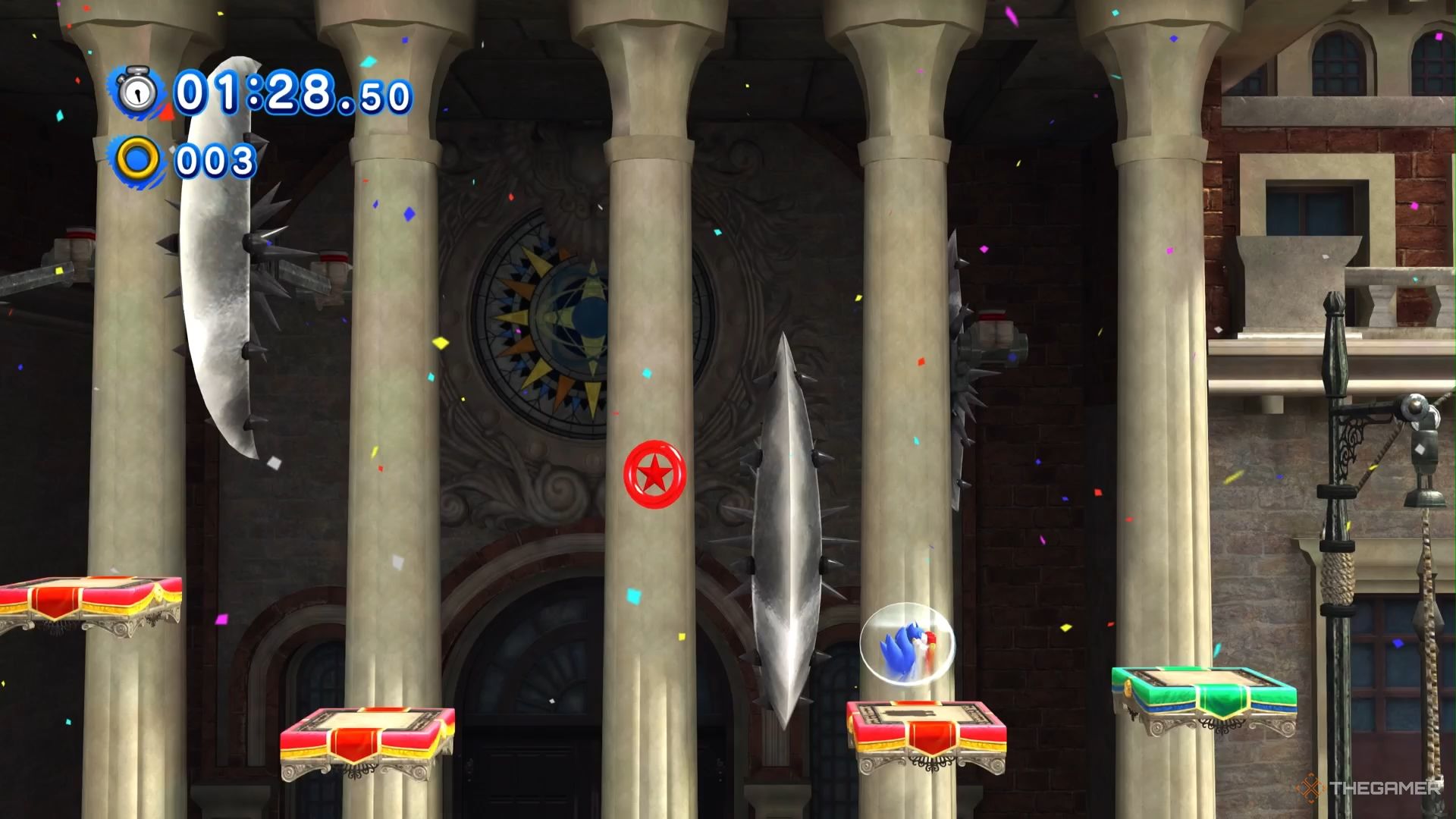 SONIC X SHADOW GENERATIONS Sonic on a red platform by swinging axes approaching a red star ring in rooftop run.